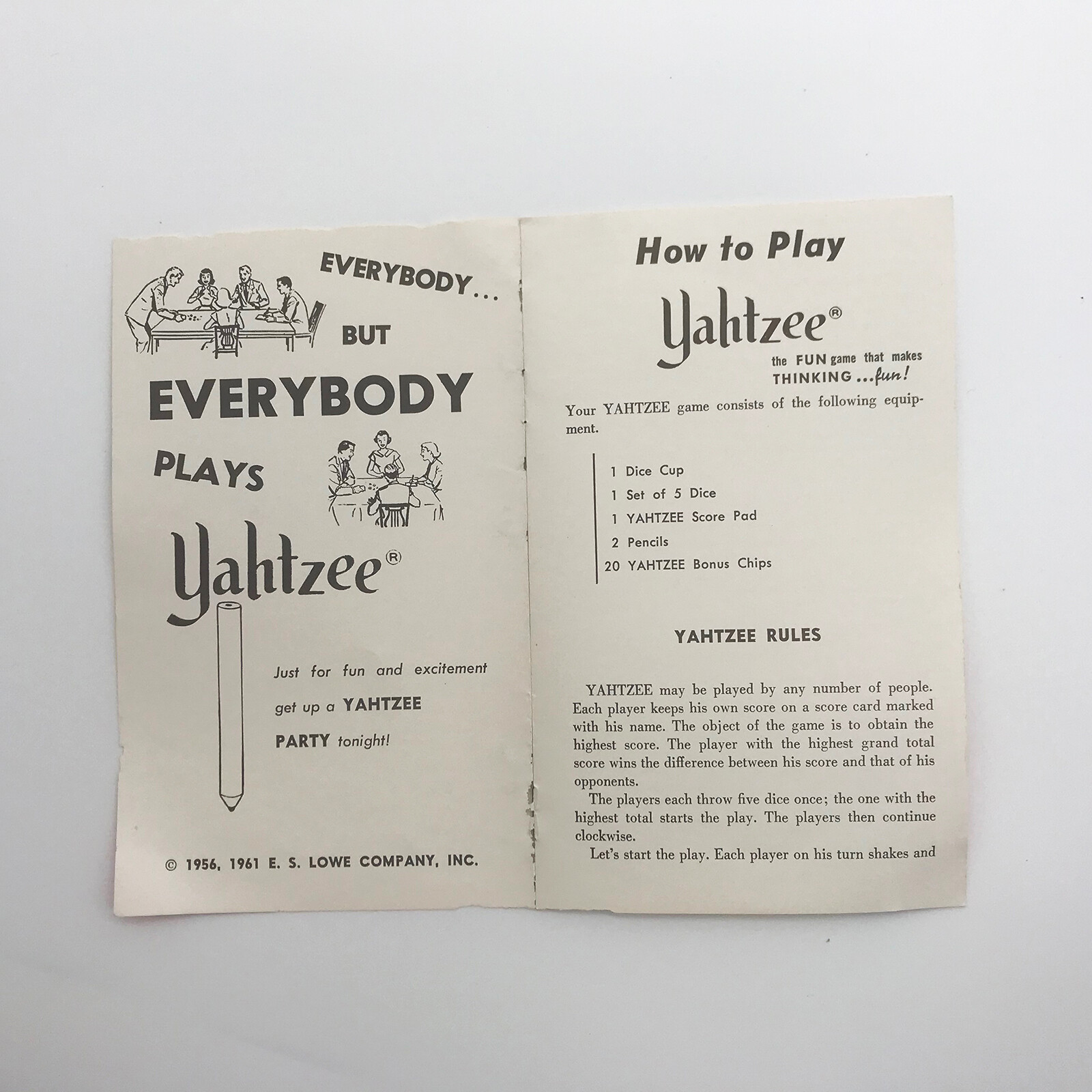 Vintage 1950’s-60’s Yahtzee – Replacement Rule Book – E.S. Lowe Co #950