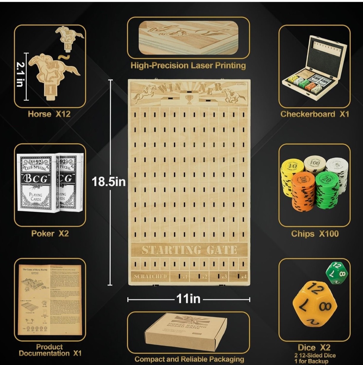 Wood Horse Racing Board Game-Foldable-Portable-Includes: Horses-Cards-Chips-Dice