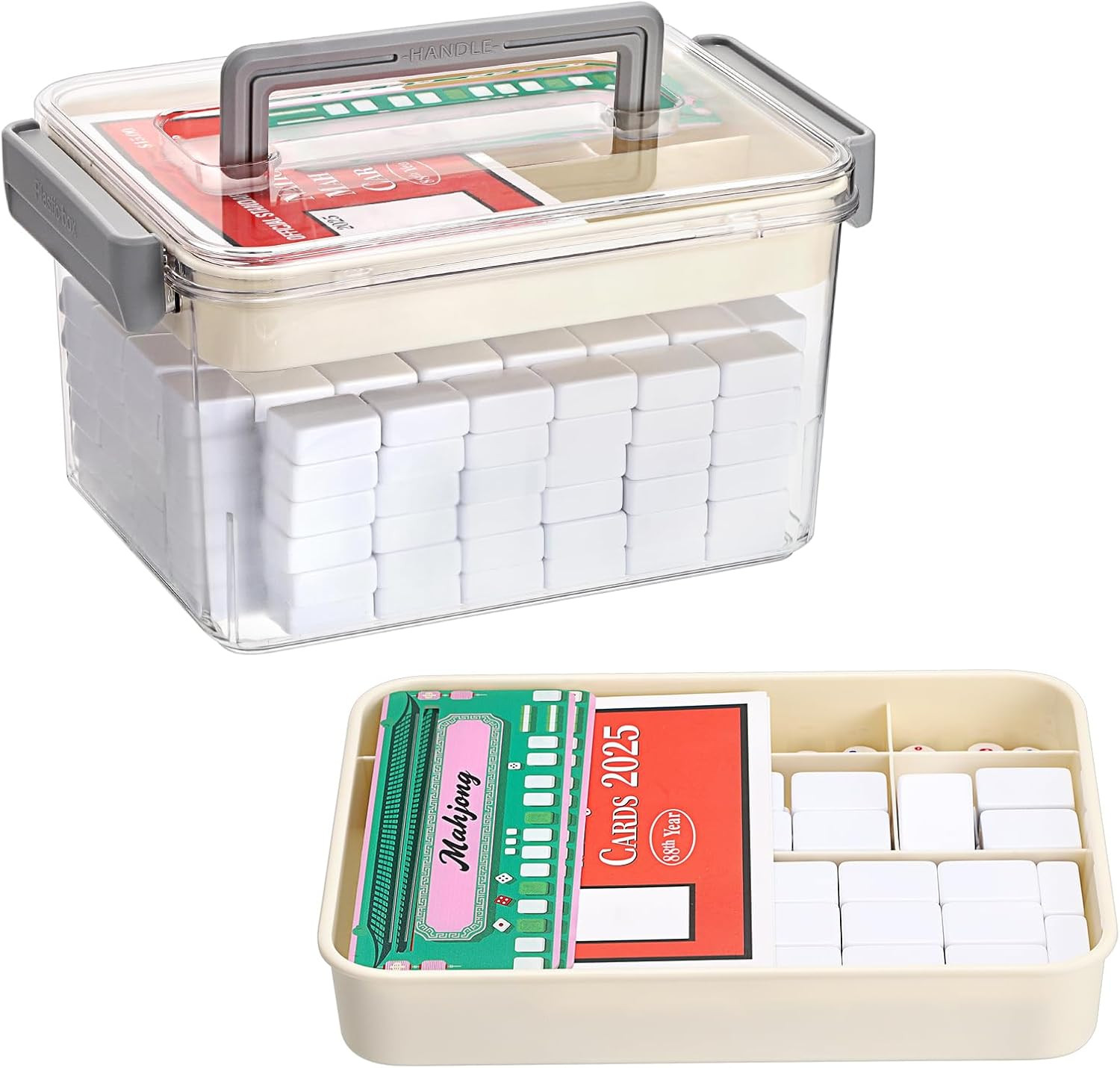 Empty Mahjong Tile Storage Box with Removable Tray, Holds 160-200 Tiles