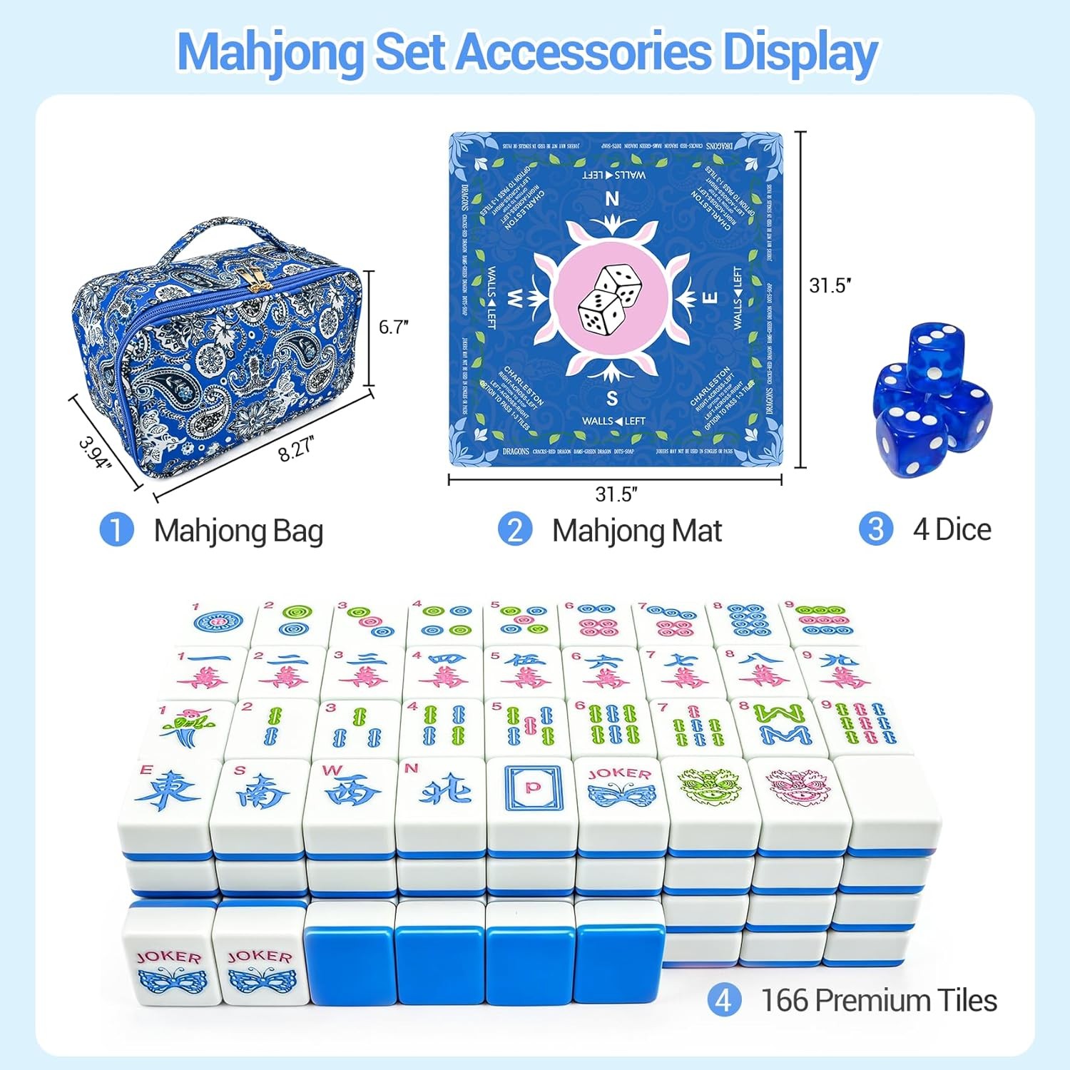 American Mahjong Tile Set, 166 Blue Tiles (1.2”), Mahjong Tile Set with Carrying