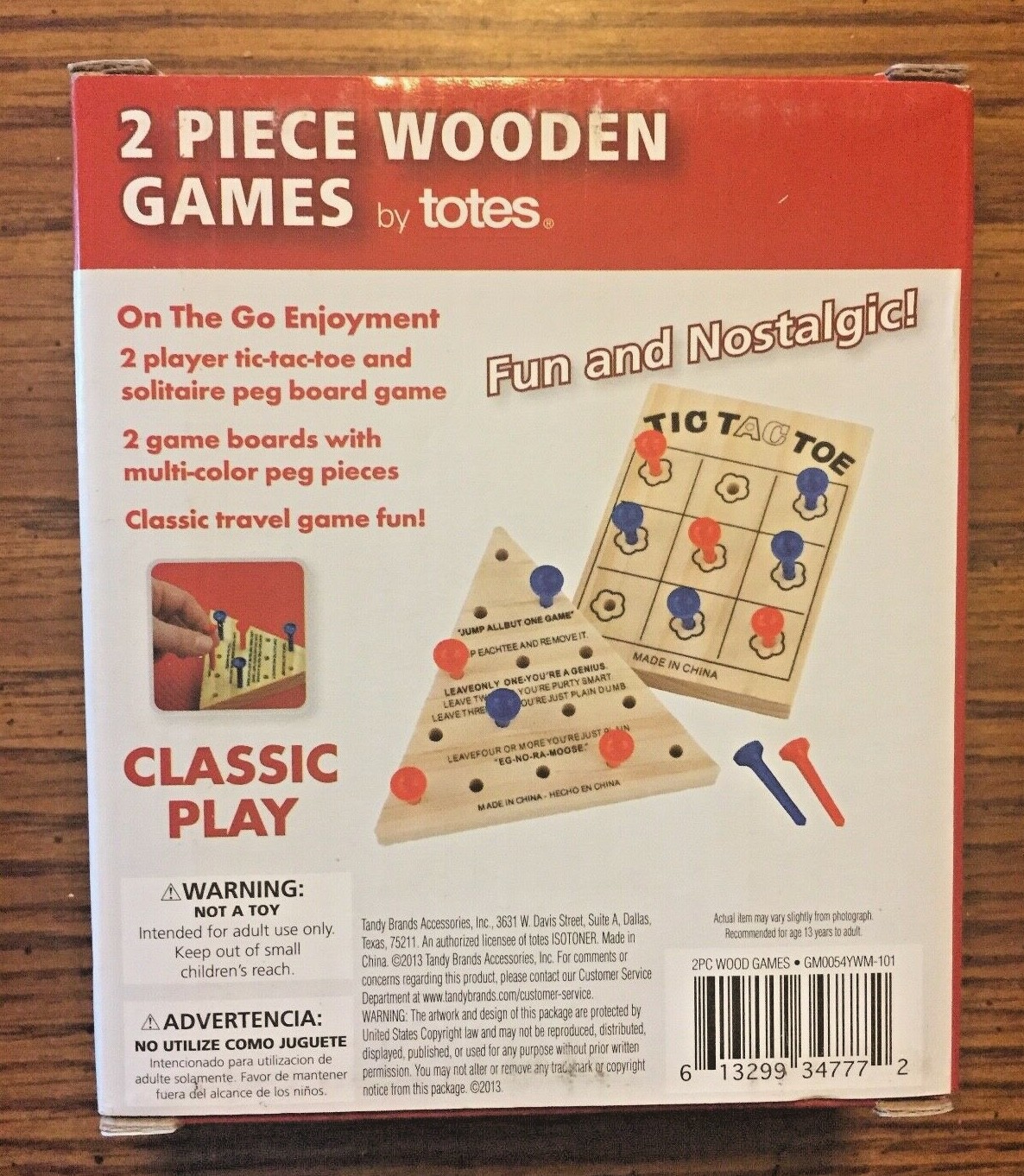 2 Piece Wooden Games By Totes Tic-Tac-Toe & Solitaire Mini Travel Peg Boards New