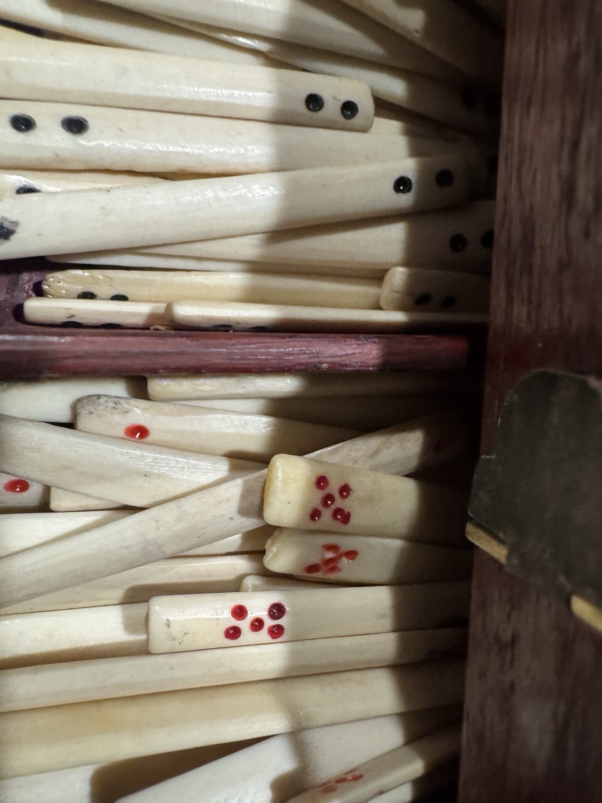 Antique Mahjong 5 Drawer Wood Box Set Bamboo Bone w/DICE/Tiles/Hand Colored