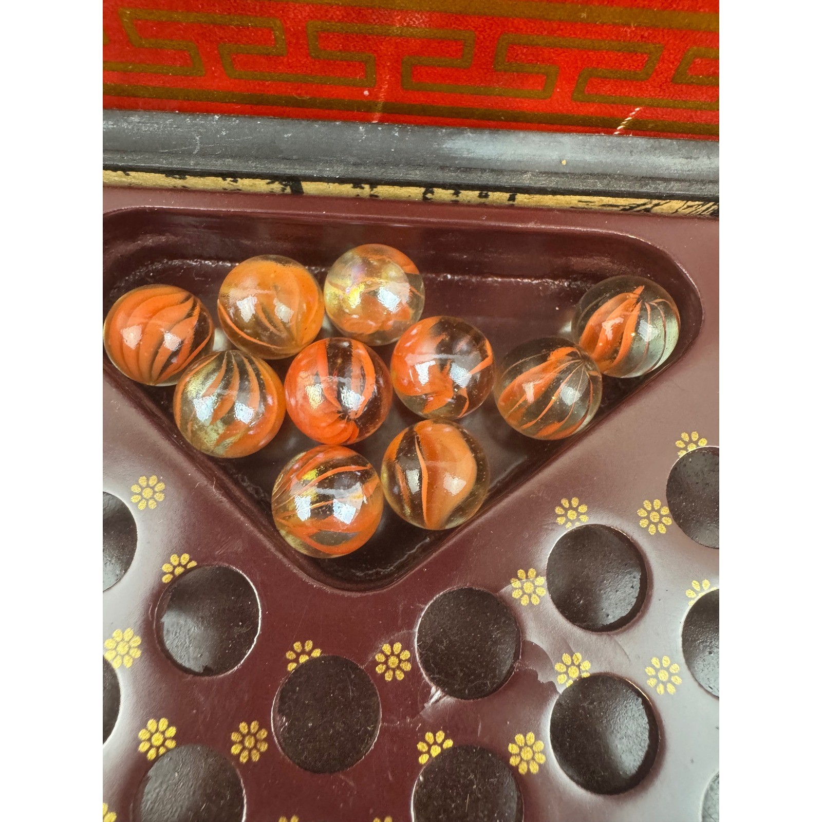 VTG Chinese Checkers Wood Box Set Dragon Phoenix Glass Marbles Some missing