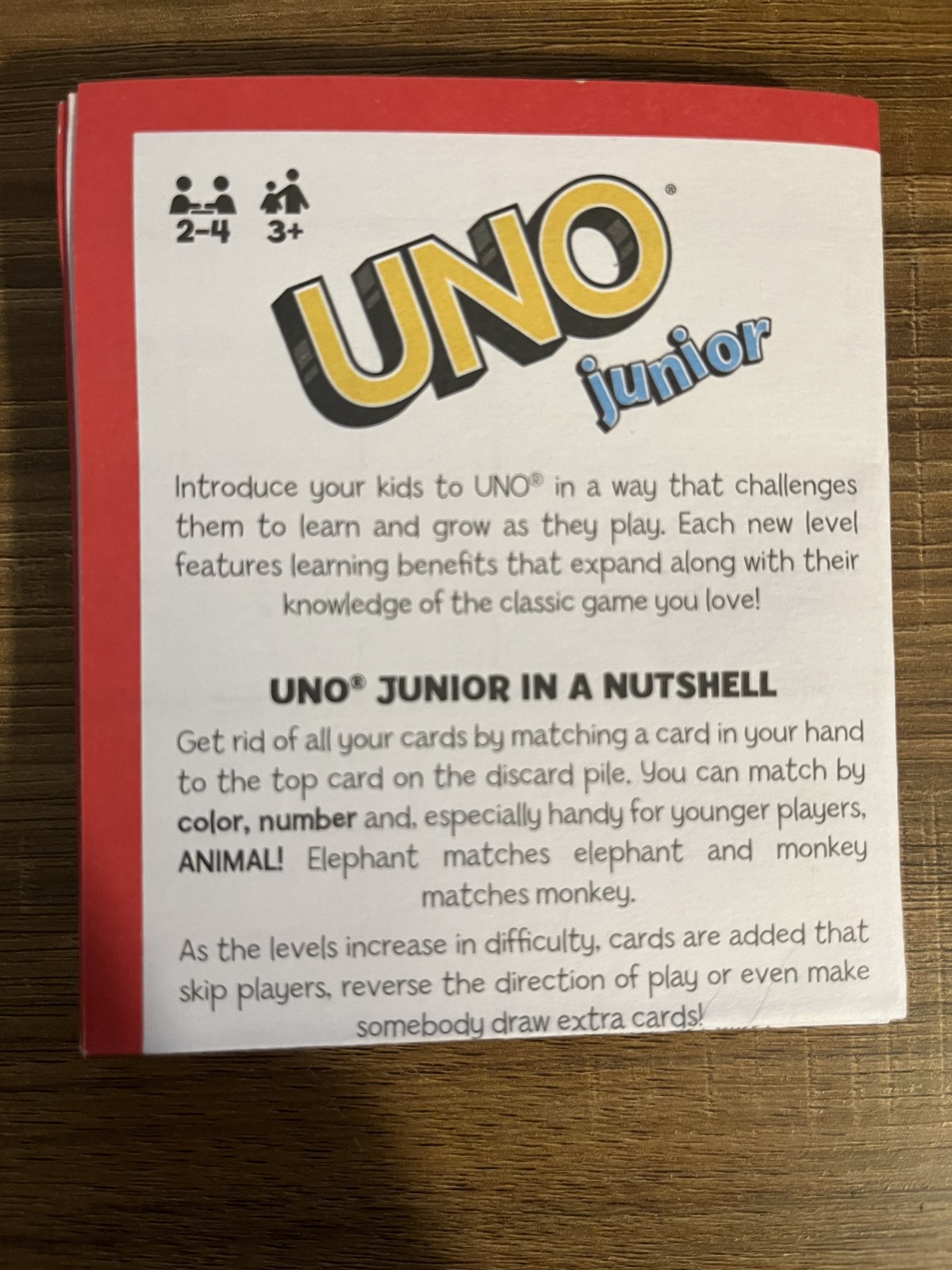 UNO NEW SEALED Junior Card Game 56 Cards Gift Kids 3 Years Old & Up, 2 players