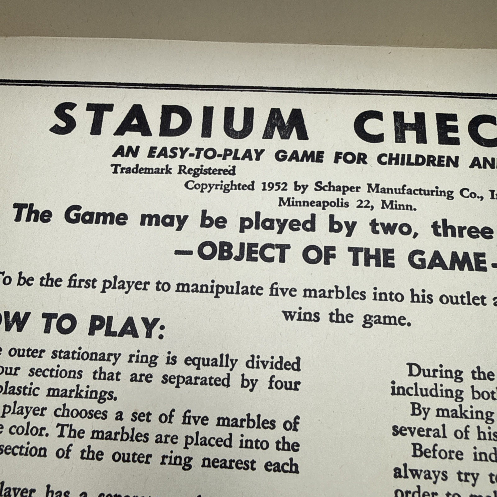 Vtg 1952 Stadium Checkers Board Game W. H Schaper Mfg Co. Complete Orig. Box
