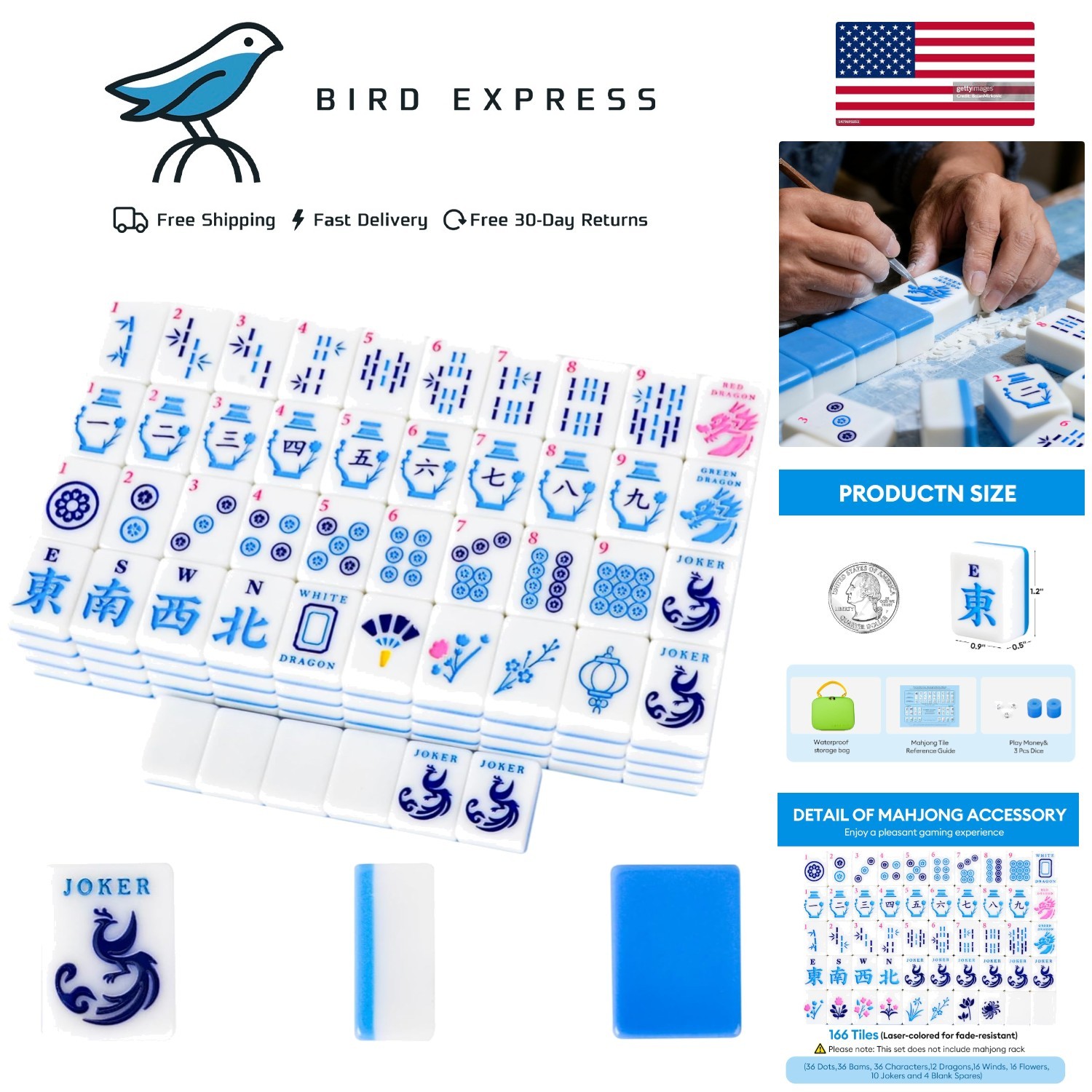 American Mahjong Tile Set, 166 Quality Engraved Tiles Blue Back w Bag,Dice,Chips