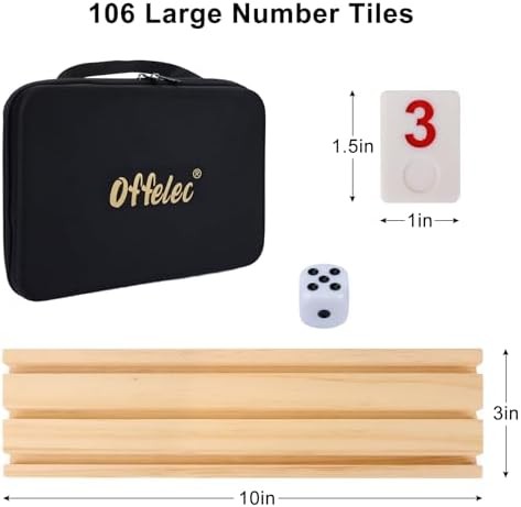 Upgraded Rummy Cube Game Set & 4 Wooden Racks, 106 Large Number Rummy Tiles and