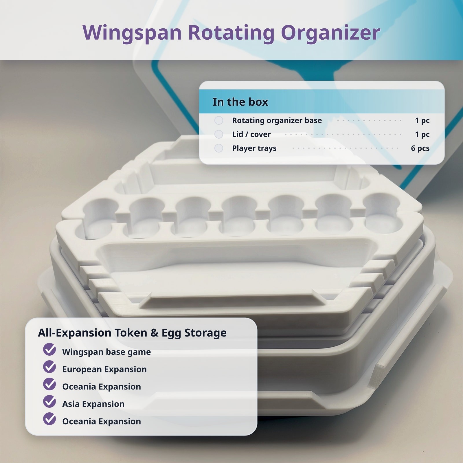 Wingspan Rotating Organizer All Expansion Token Egg Storage 6 Trays Dice Arena