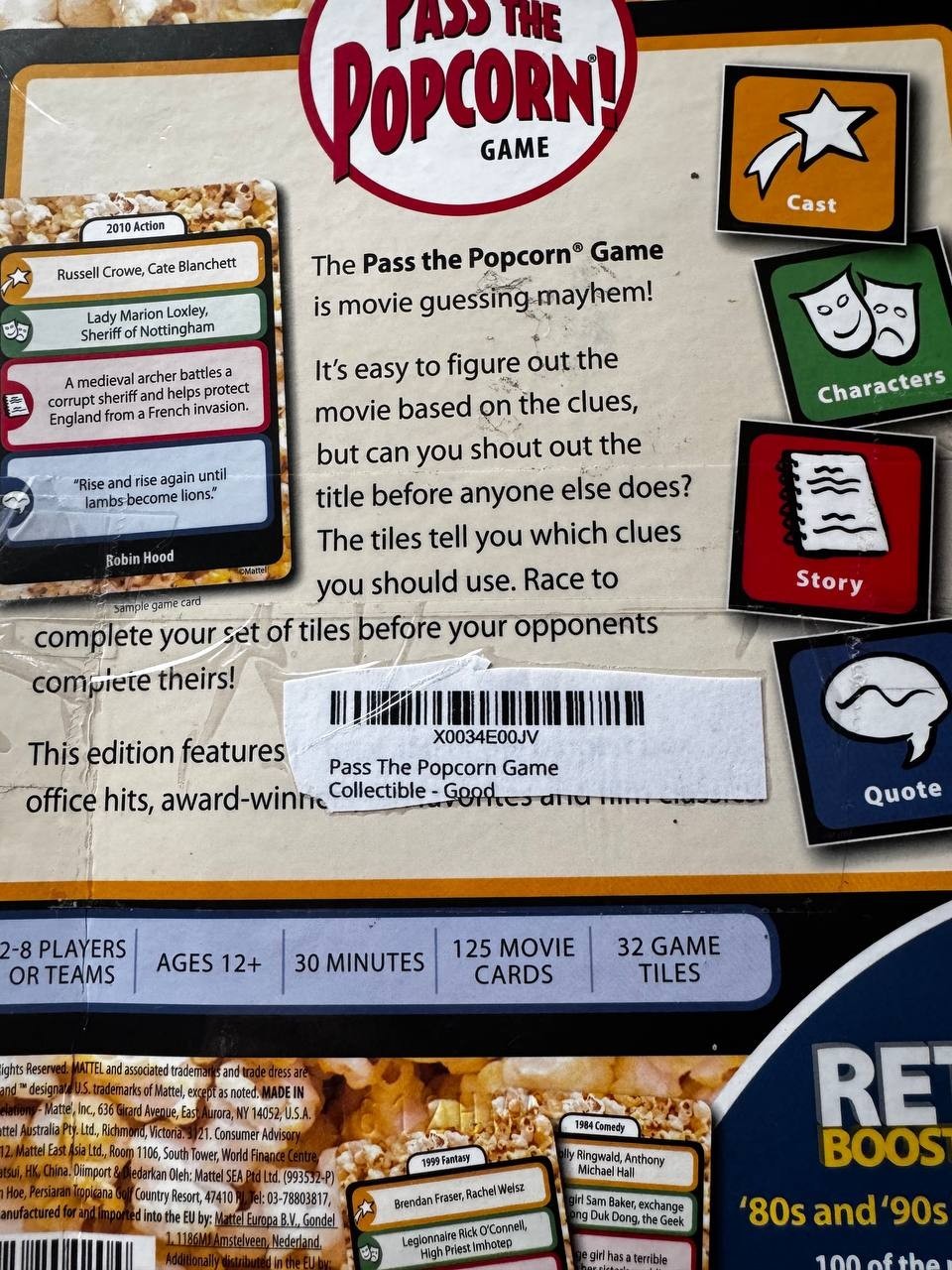 Mattel Pass the Popcorn Movie Guessing Board Game Adults 12+ Fast-Paced Trivia