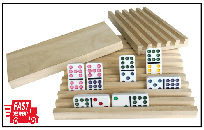 Domino Holder Trays Rack – Set of 4 Wooden Tiles Stand Holders for Mexican Train