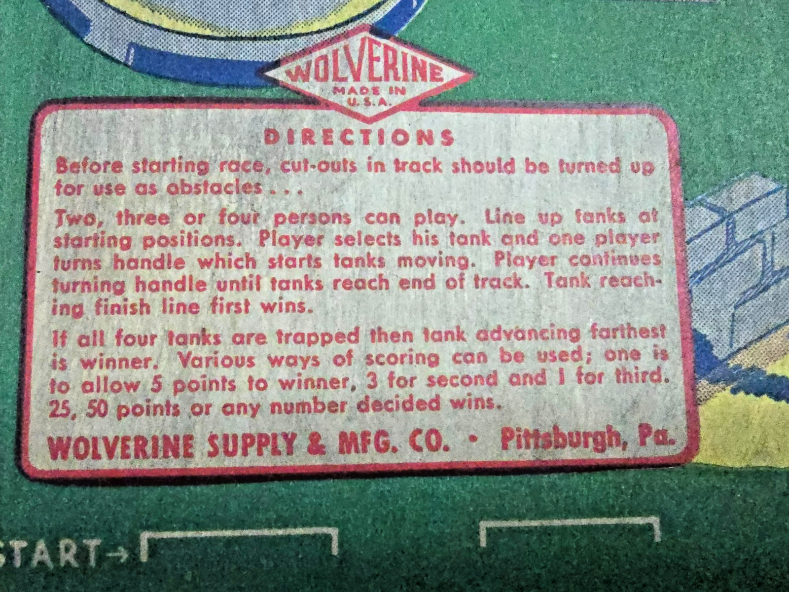 Vintage Wolverine Tin Litho Trap A Tank Game Board