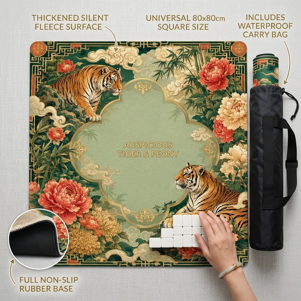 Chinese Tiger Mahjong MatNon Slip Table Pad 31.5×31.5″ With Free Carry Bag