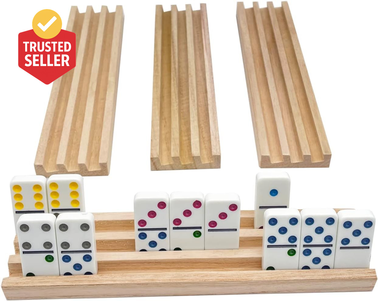 Wooden Domino Racks Set of 4 Natural Domino Trays Holders Organizer for Mexican