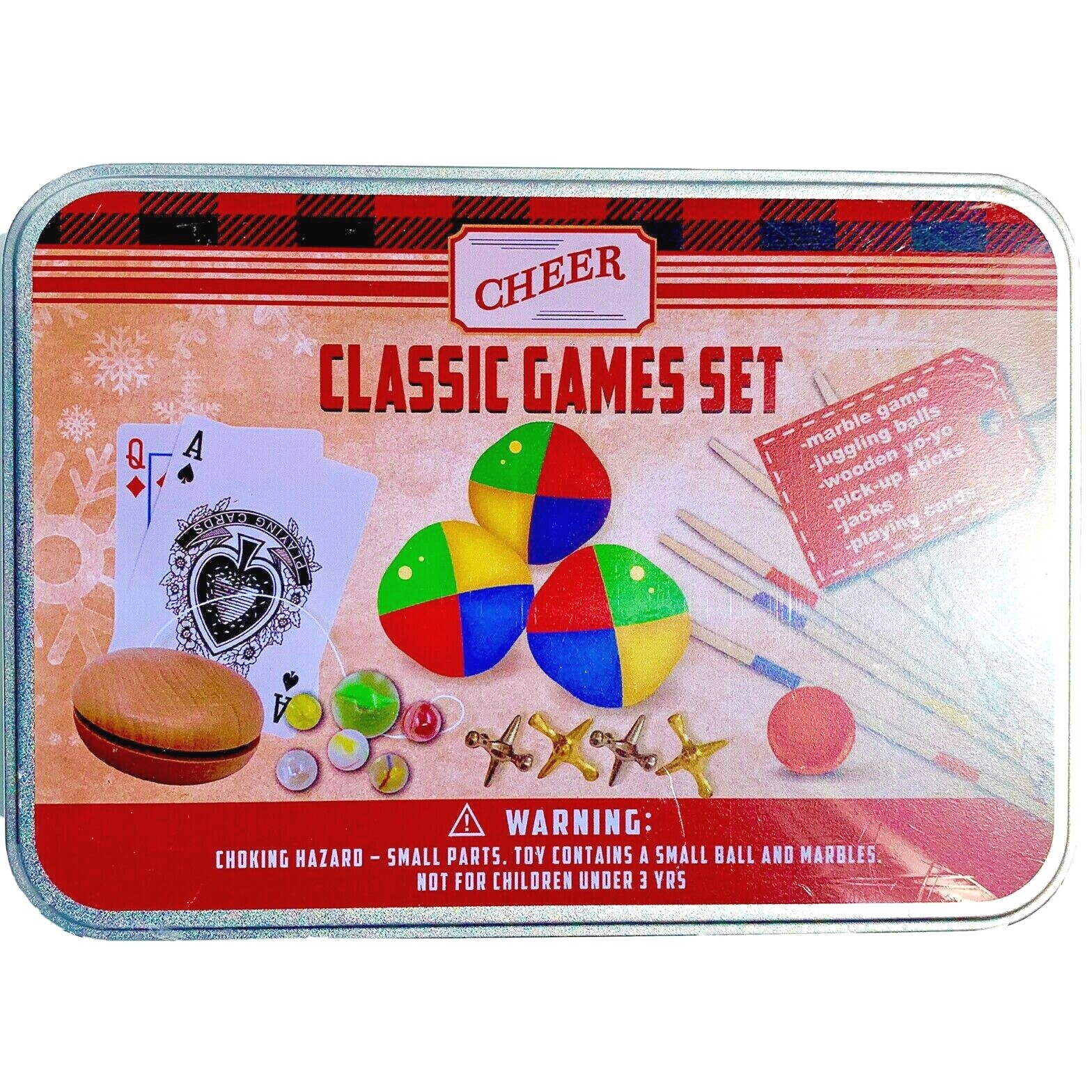 Classic Games Tin Case toy gift -marbles juggling yoyo jacks cards pickup sticks
