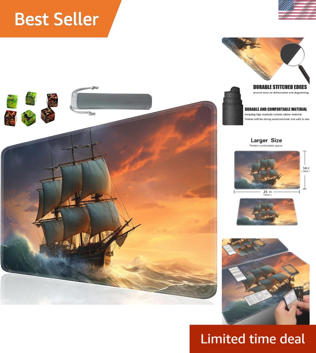 Waterproof and Washable Gaming Playmat 24″ x 14″ for Card Games with Dice