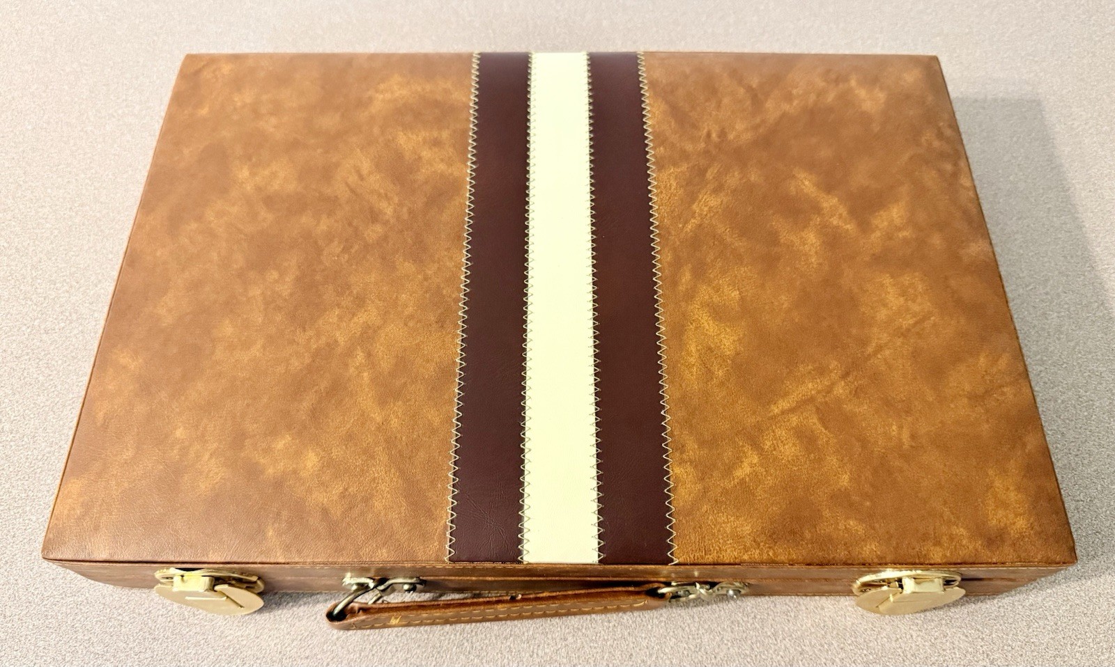 VTG Backgammon Briefcase Game Set Brown Faux Leather Racing Stripe Complete