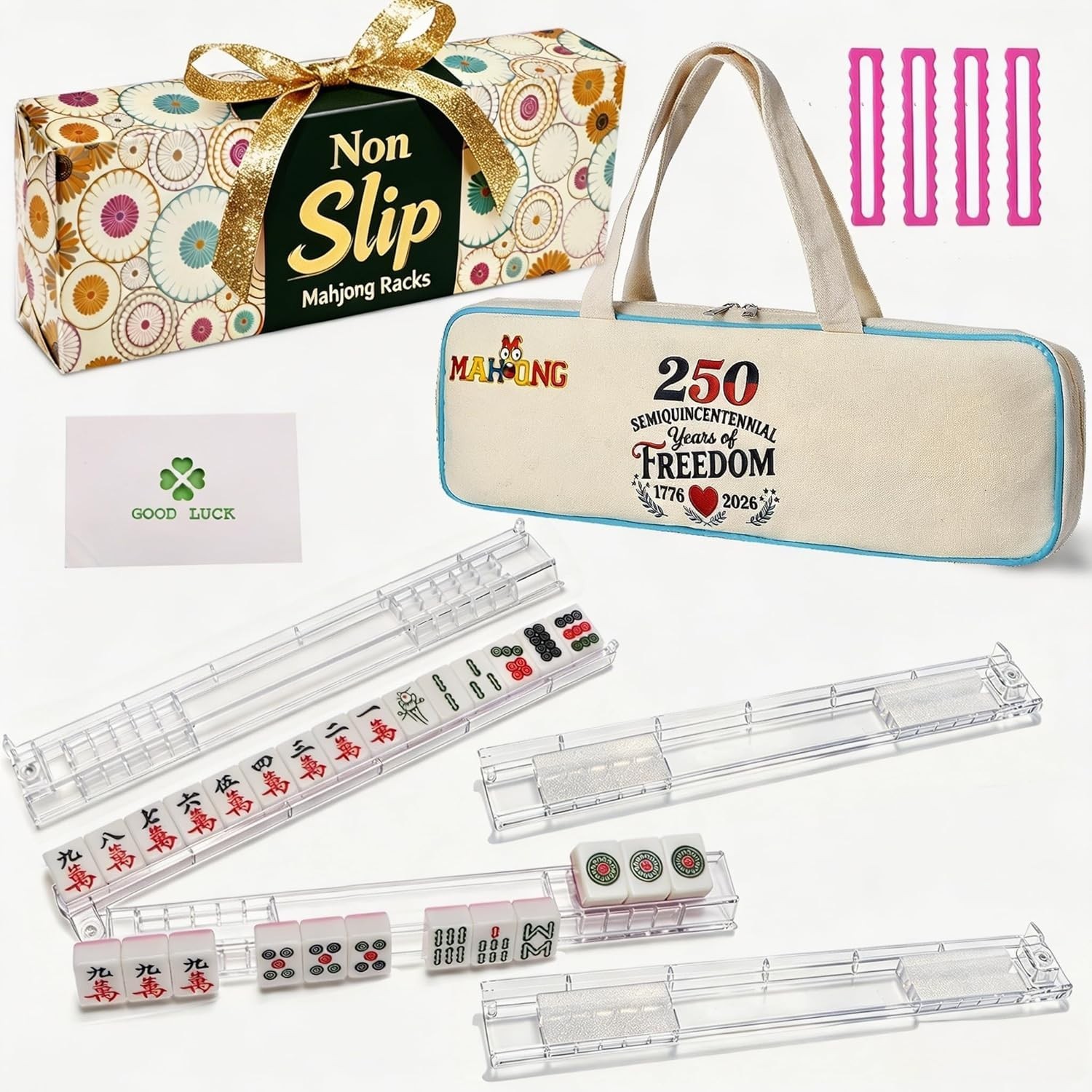 4PCS Mahjong Racks with Pushers White, American Mahjong All-in-one Tile Rack
