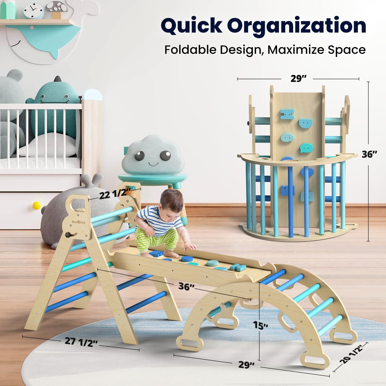 Foldable Wooden Pikler Triangle Climber Toddler Playground Jungle Gym Sky Blue