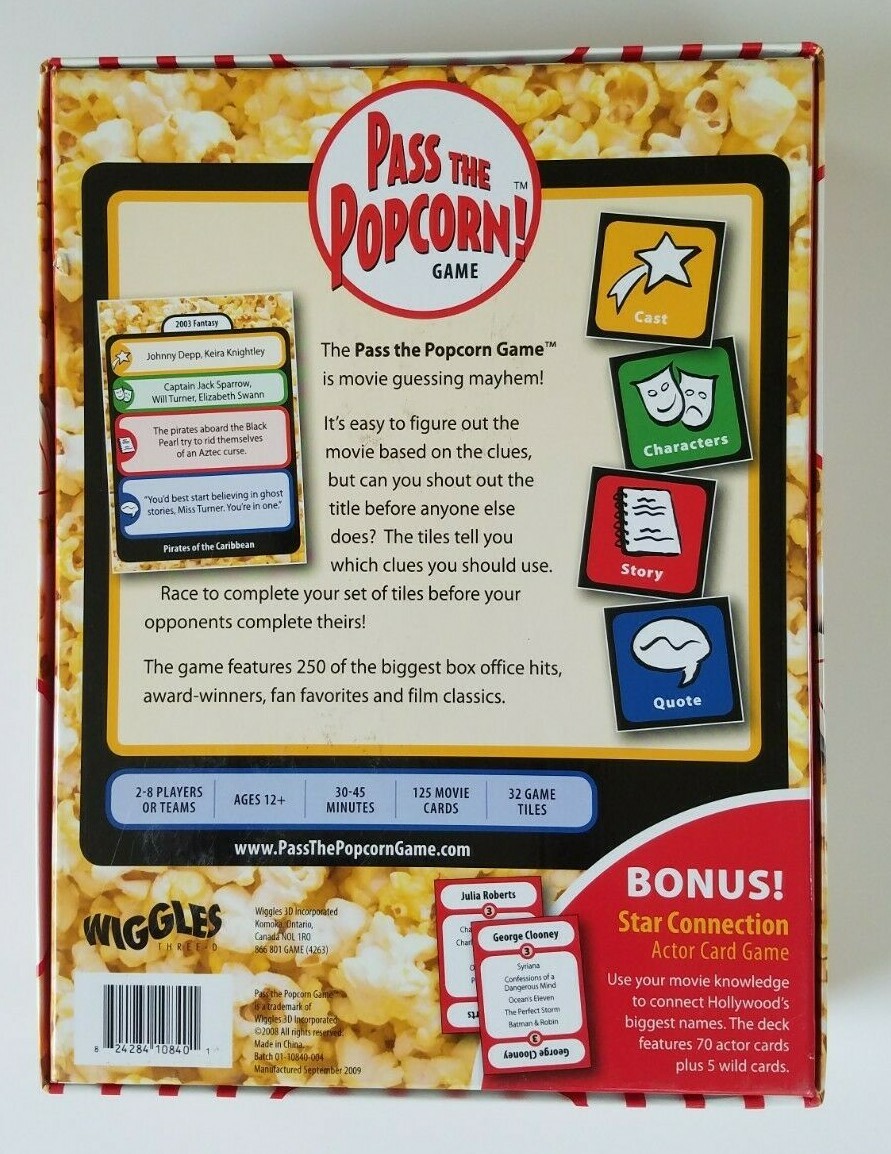 Pass the Popcorn! Game Fast-Paced Movie Fun 2008 Ages 12+ for 2 to 8 Players.