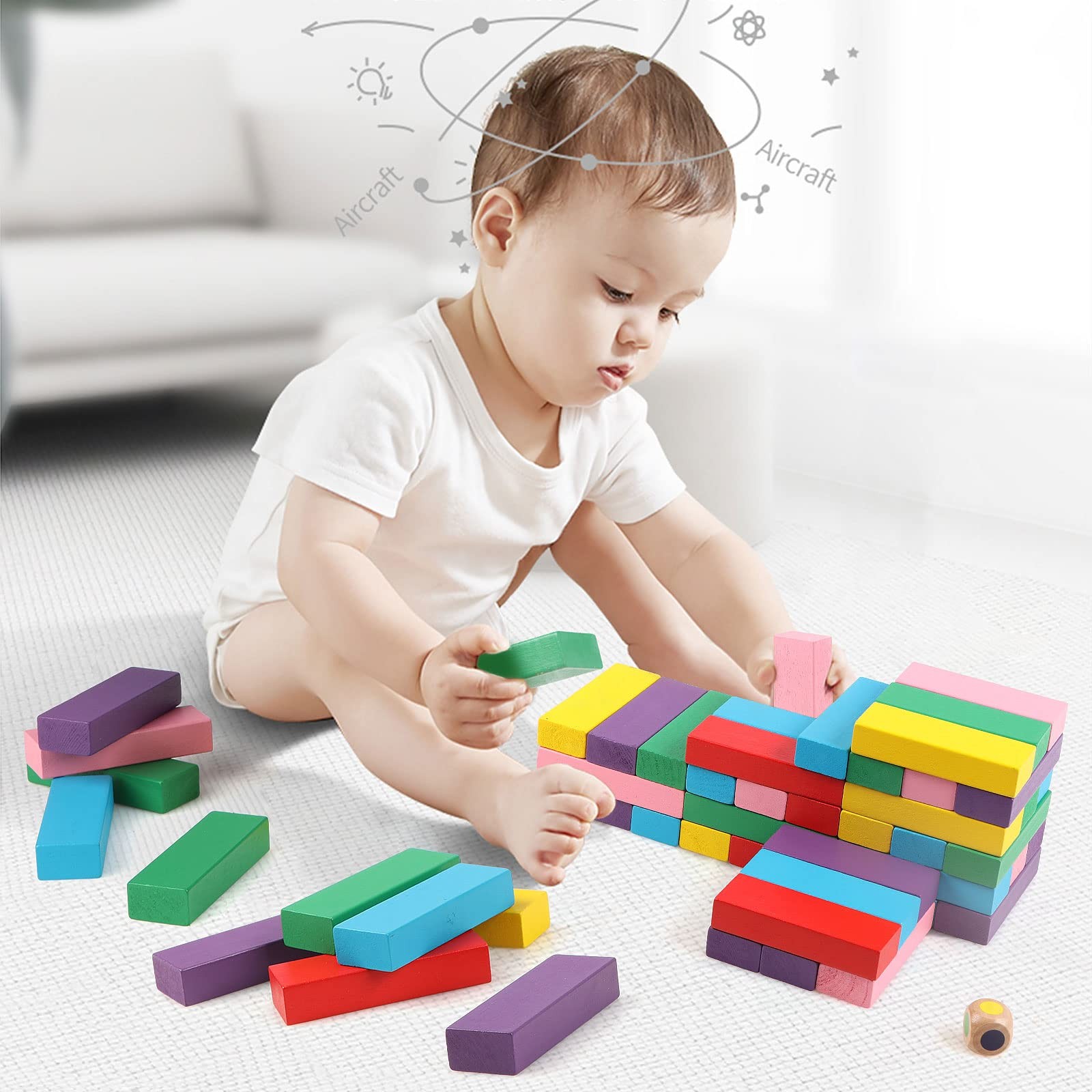 48pcs Wooden Stacking Blocks Game Colorful Balancing Toy Set