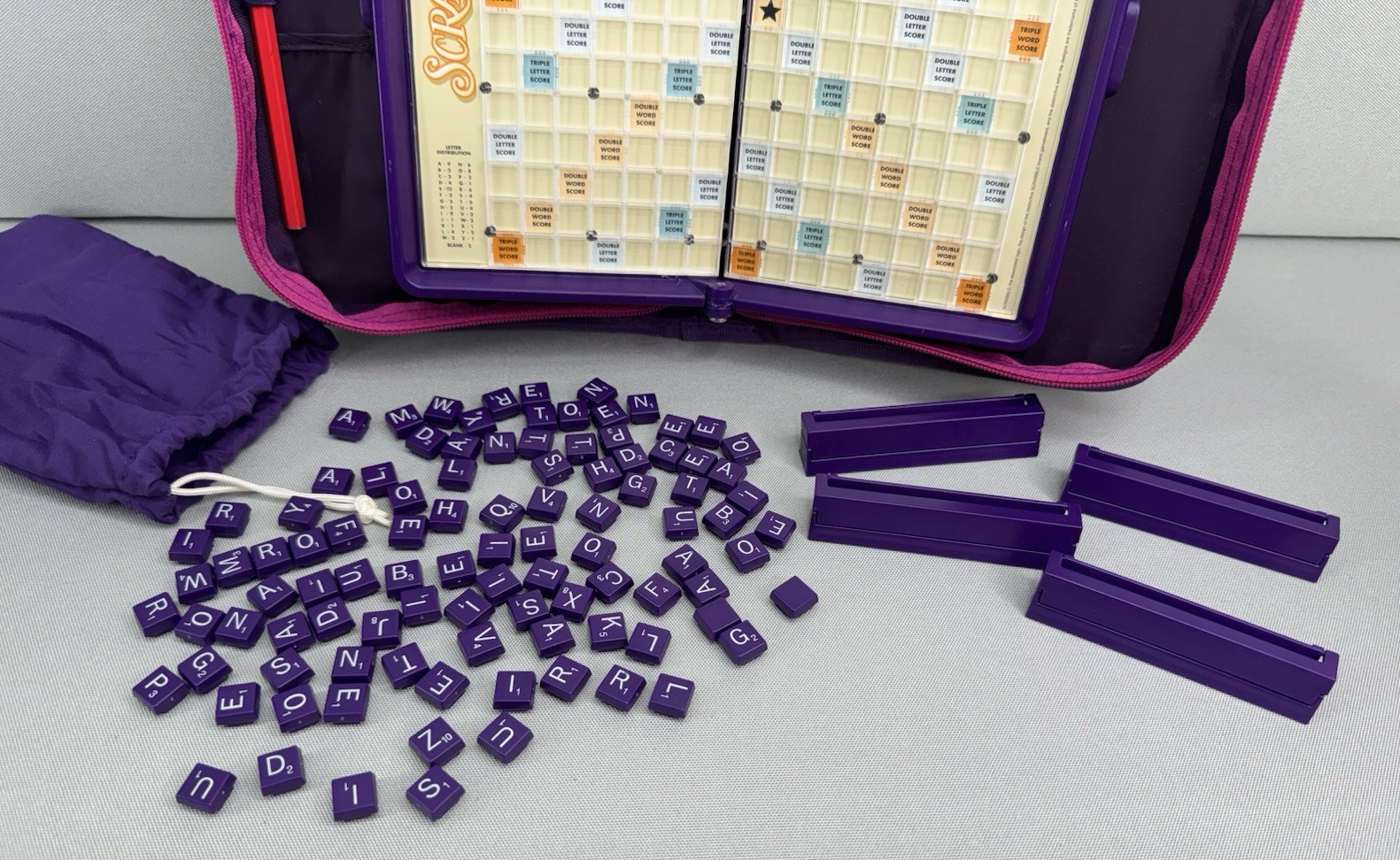 2002 Scrabble Travel Game Purple Complete All Tiles Pocket Edition Hasbro READ
