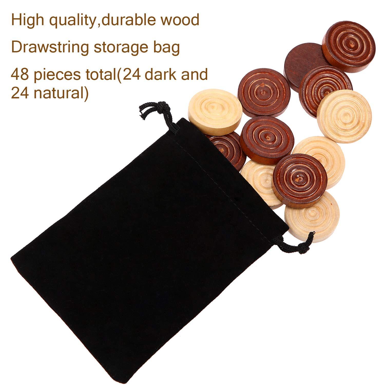 48 Pcs Wooden Checker Pieces with Stackable Ridge In Drawstring Storage Pouch