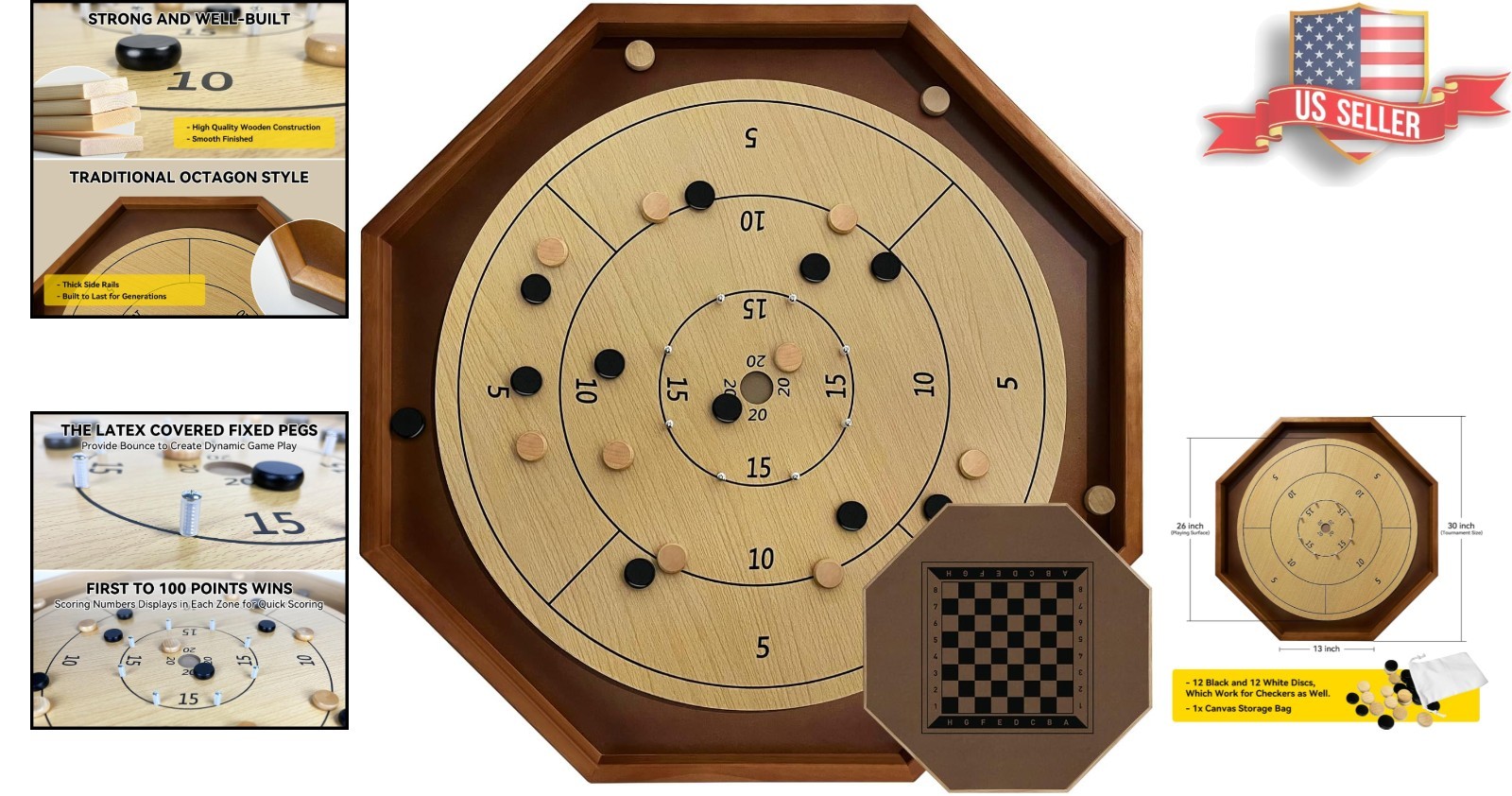 Family-Friendly 2-in-1 Crokinole and Checkers Board – 30 Inch Tournament Size