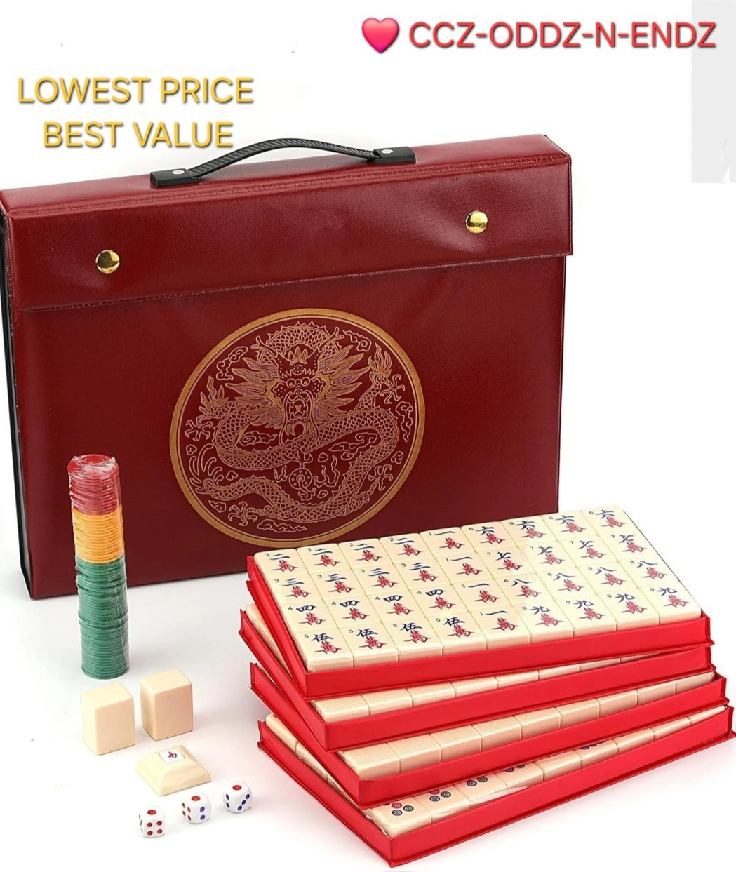 Chinese Mahjong Game Set X-Large 144 1.5″ Ivory/Vintage Colored Tiles w/ Case