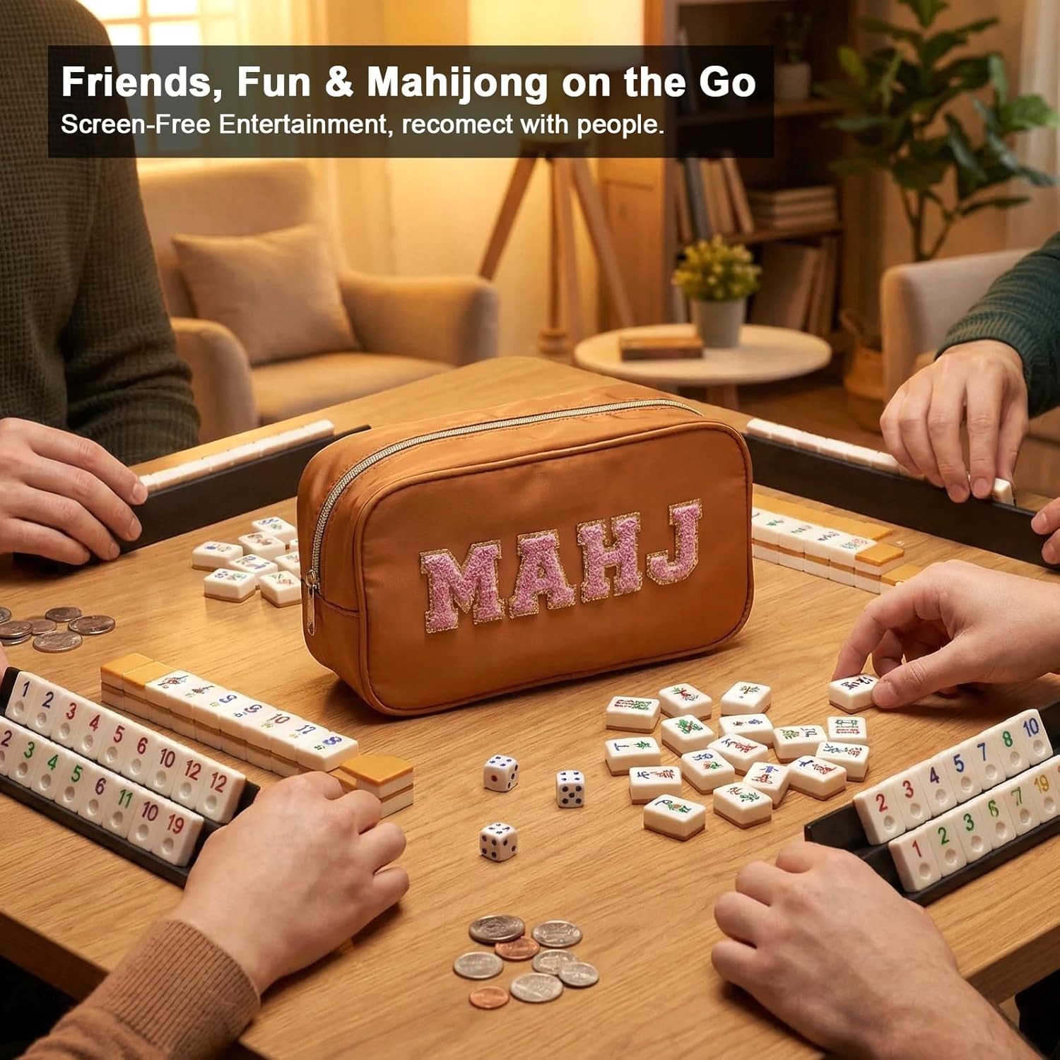Mahjong Tile Bag Brown Waterproof American Mahjong Case 166 Tiles Zipper Bag