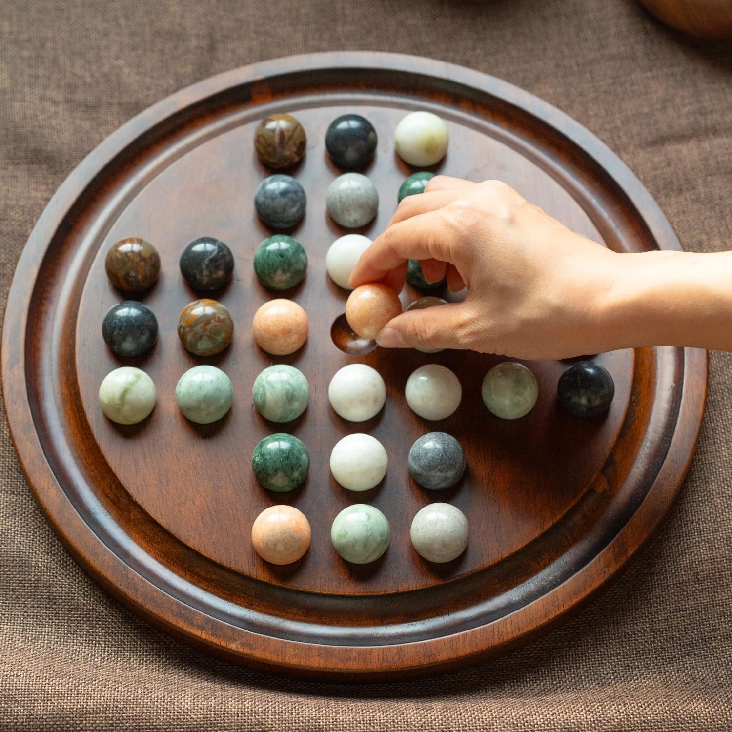 Deluxe Solitaire Game Set: 12.6” Solid Wooden Board, 32 Natural Marble Balls, S