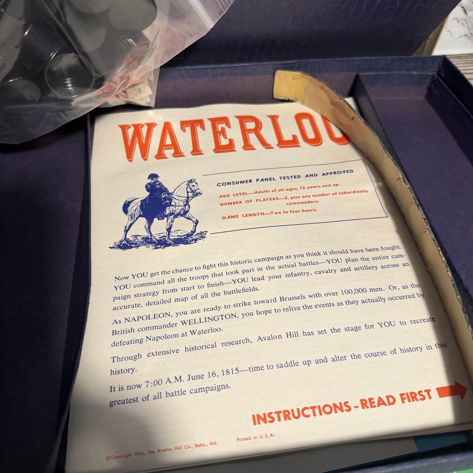 Vintage 1962 Waterloo Napoleonic Campaign Avalon Hill Boardgame Punched Complete