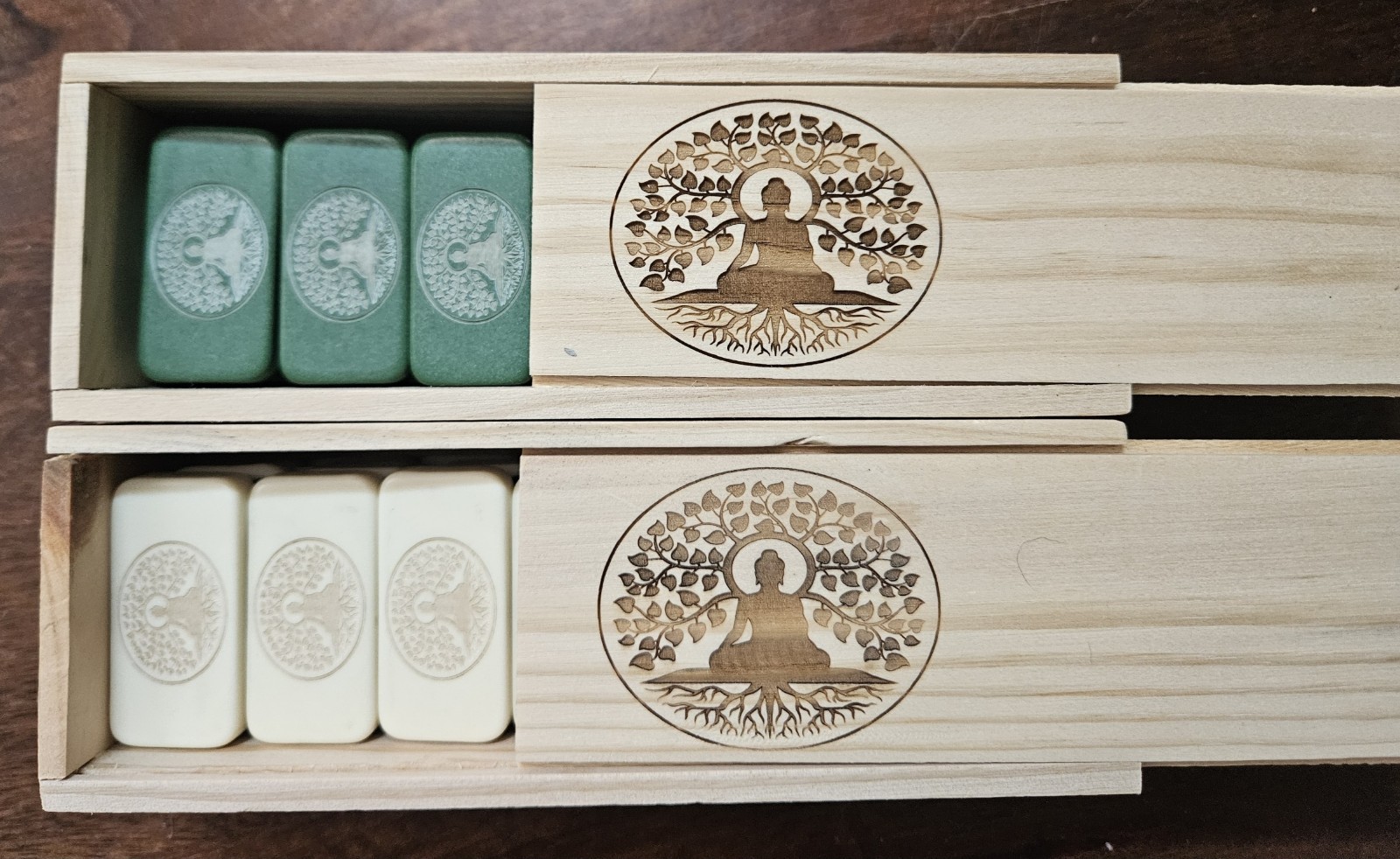 Double 6 Domino Set of BUDDHA UNDER the BODHI TREE Dominoes GREEN or IVORY