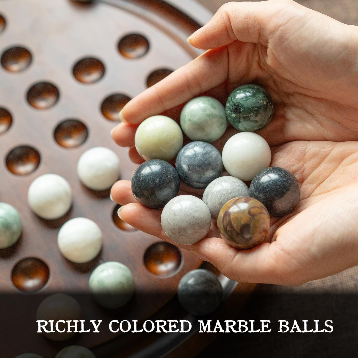 Deluxe Solitaire Game Set: 12.6” Solid Wooden Board, 32 Natural Marble Balls, S