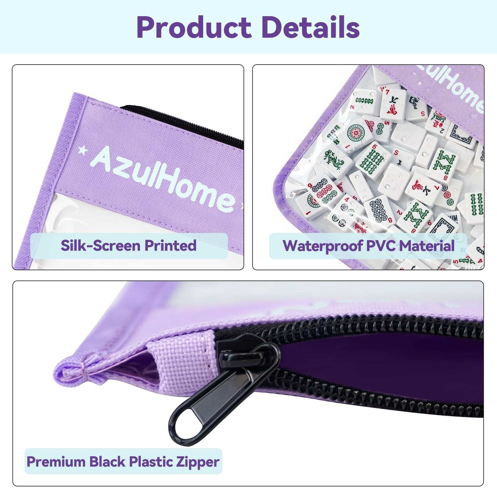 AzulHome PVC Mahjong Tiles Bag with 2 Mahjong Line Finders, Light Purple, 21″x9″