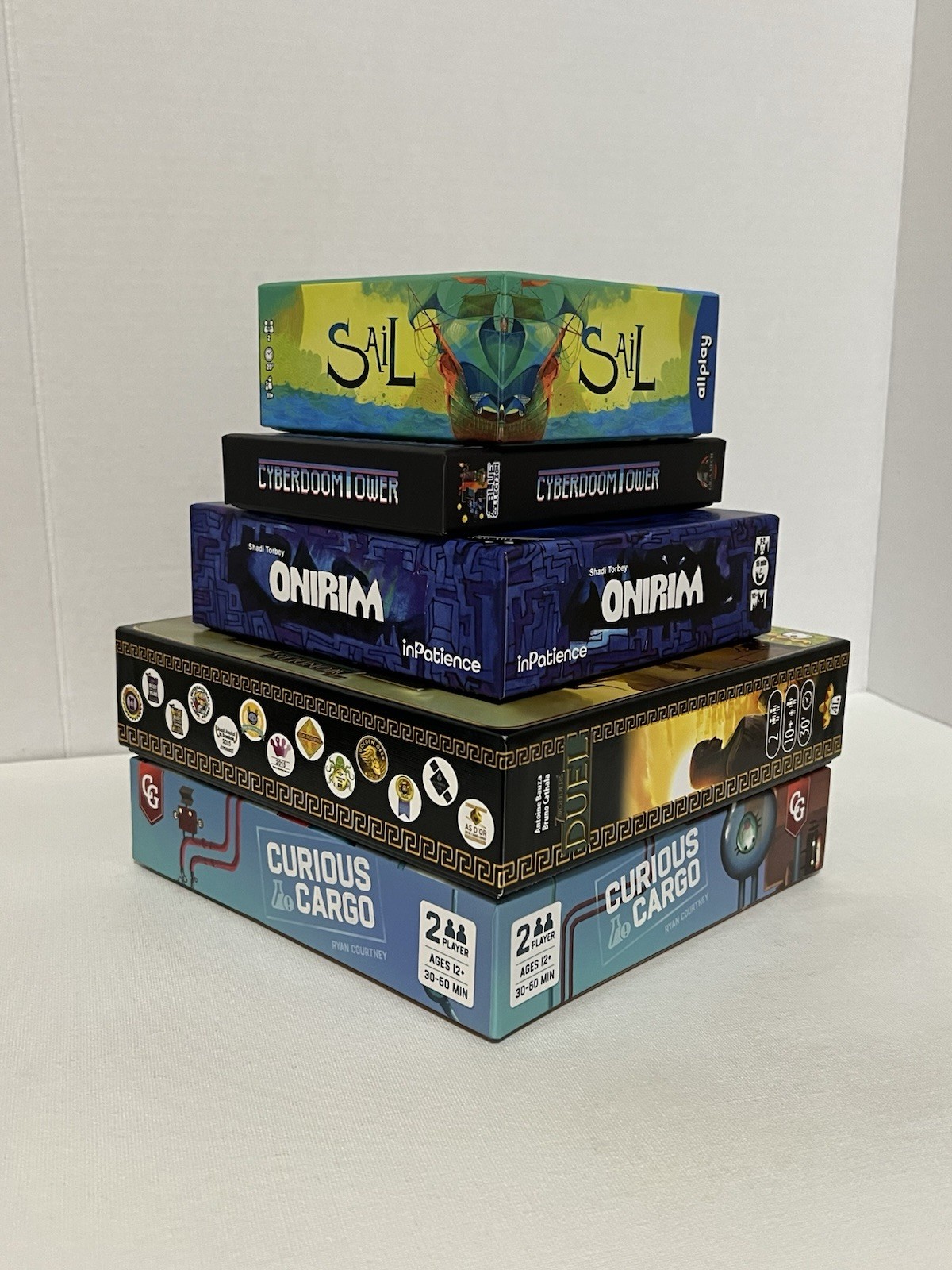 Barely Used 2Player Board Game Lot Sail 7 Wonders Duel Curious Cargo Onirim Doom