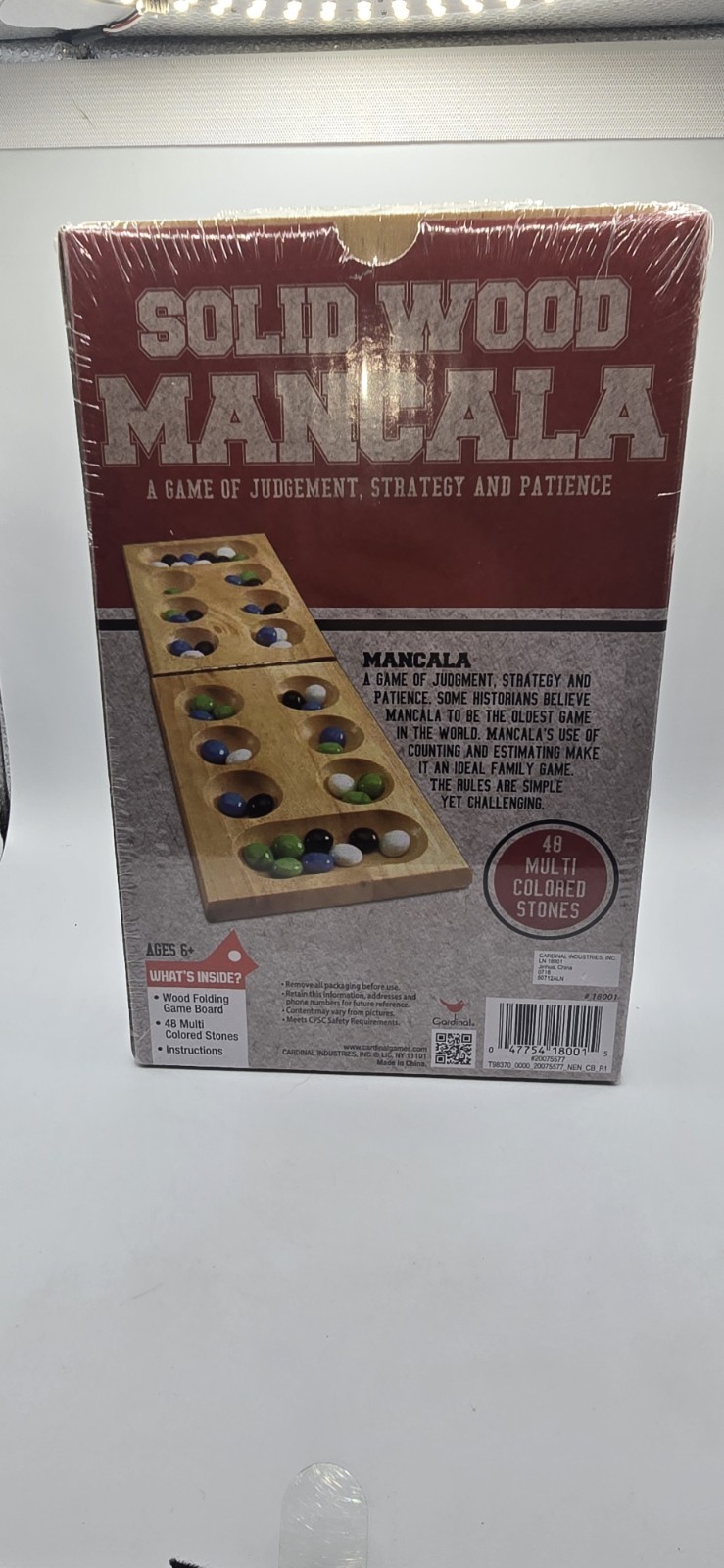 Cardinal Solid Wood Folding Mancala Board Game 48 Multi Colored Stones Complete