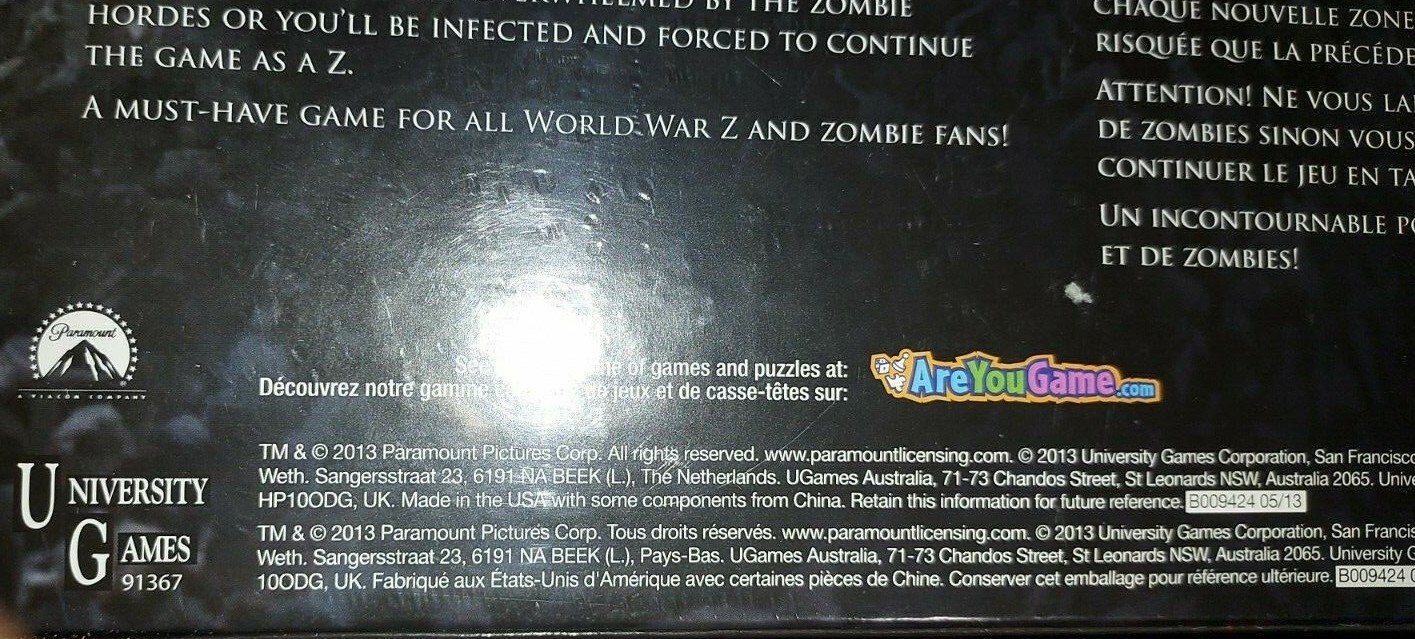 WORLD WAR Z THE GAME LE JEU-ZOMBIE PANDEMIC MOVIE BOARD UNIVERSITY GAMES 2013