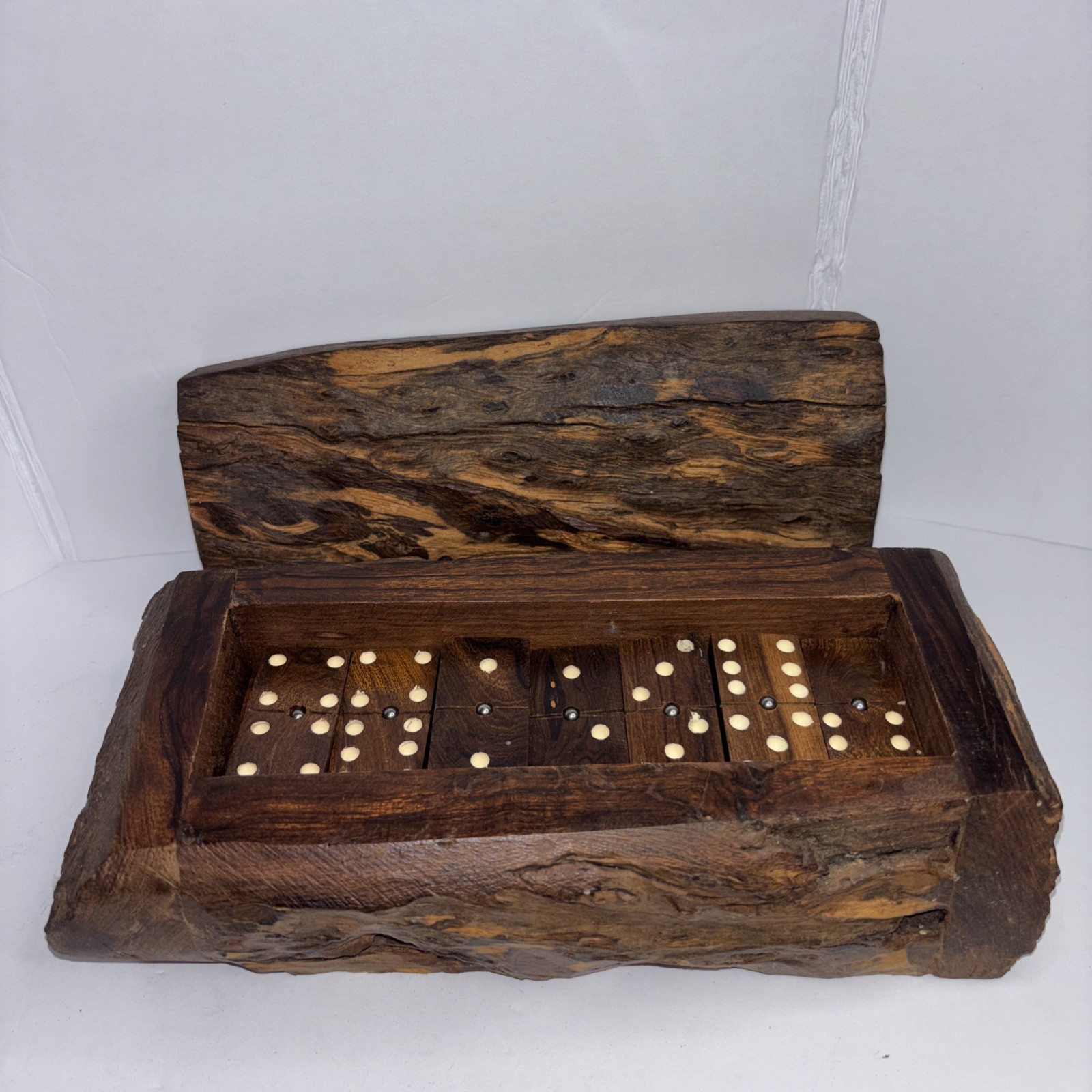 Vintage Hand Carved Wooden Domino Set Rustic Log Box Complete Game Set