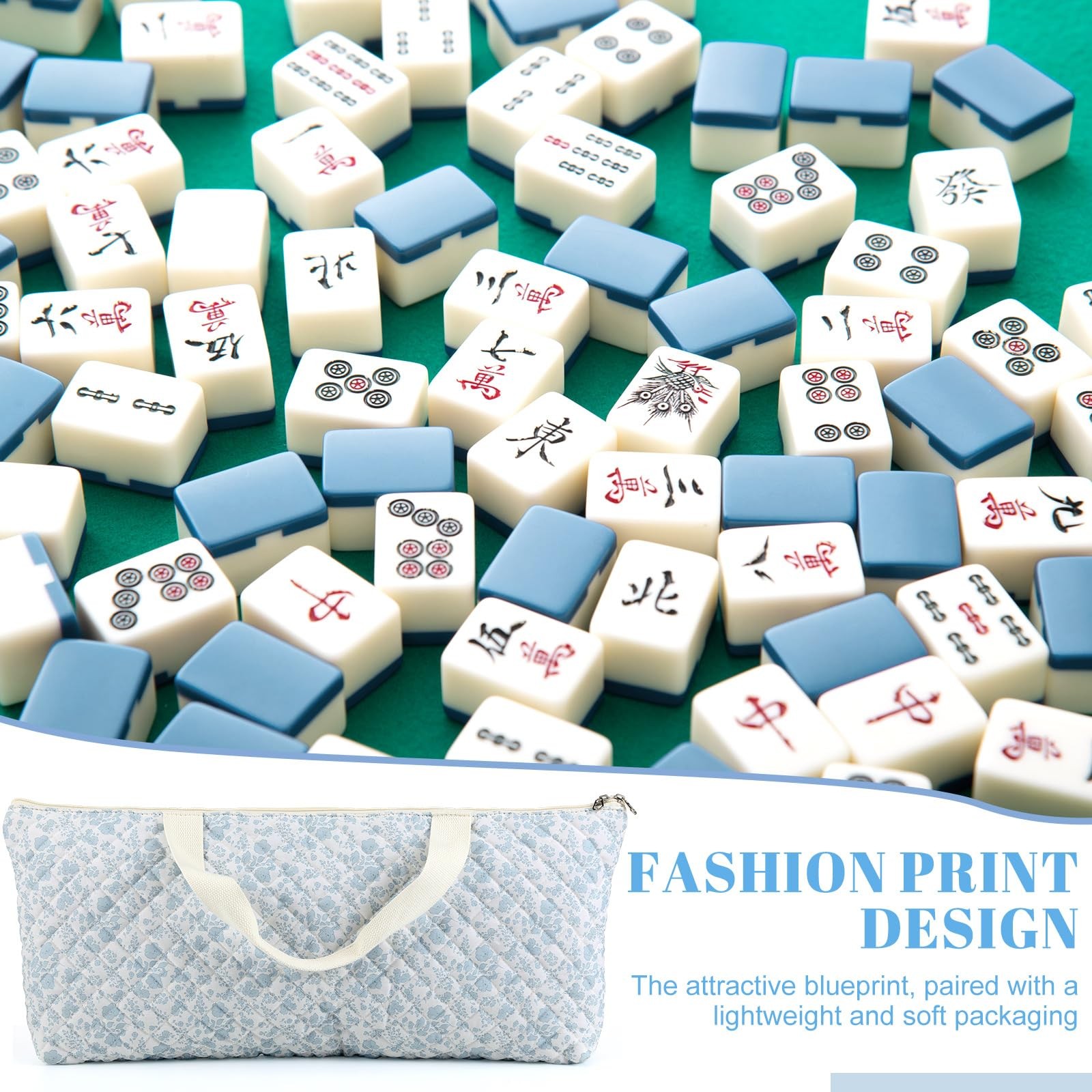 Empty Mahjong Bag 21.6 x 9.8 x 3.2 Inches Thickened Quilted Blue Printed Flor…