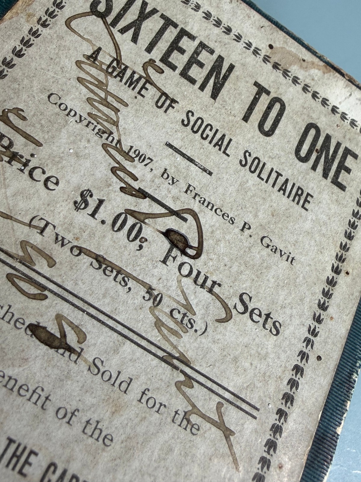 Rare 1907 Antique Game Sixteen To One a game of social solitaire w/signature