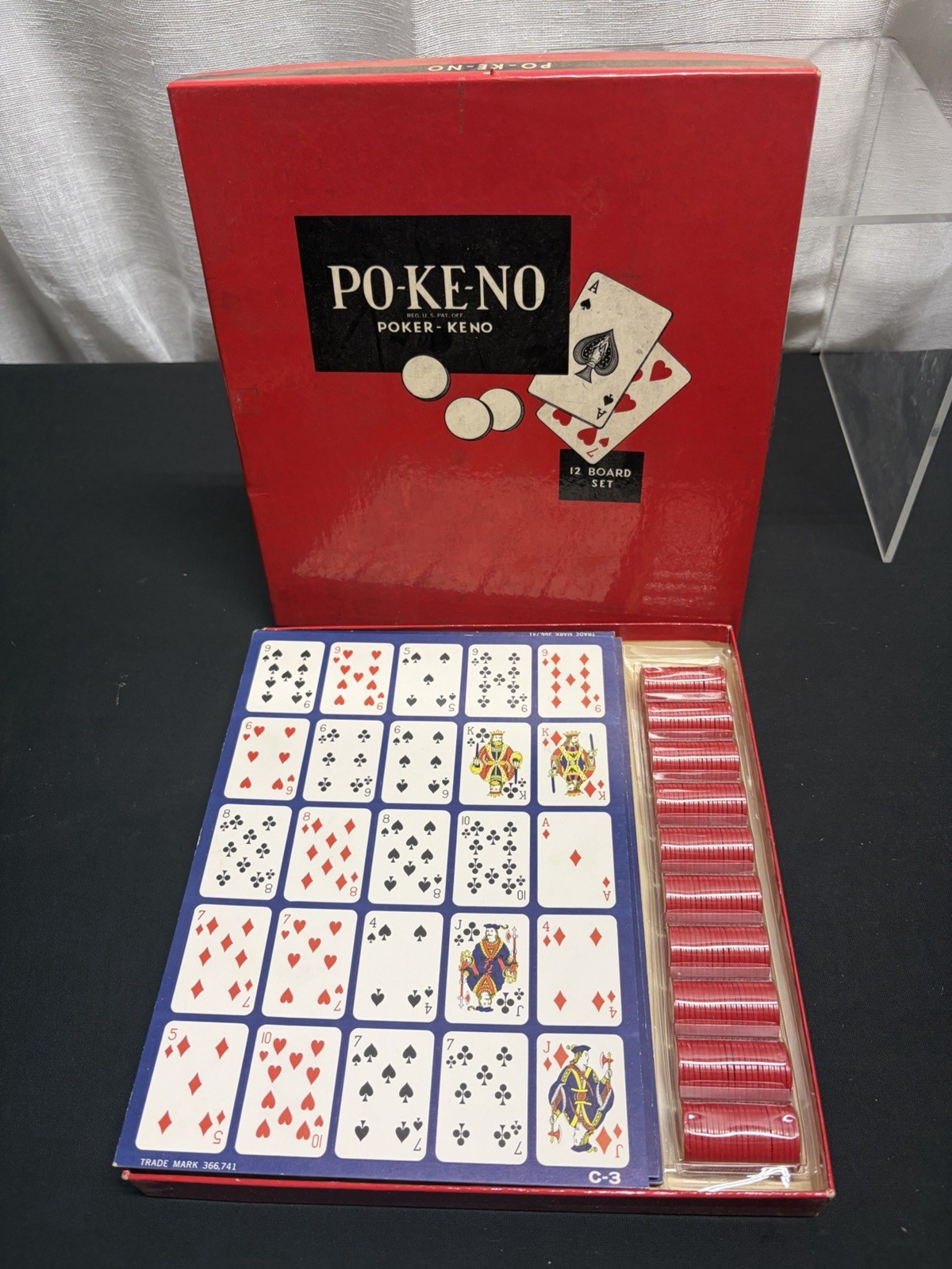 US Playing Card Co Po-Ke-No Poker-Keno Vintage Board Game 12 Board Set Red Chips