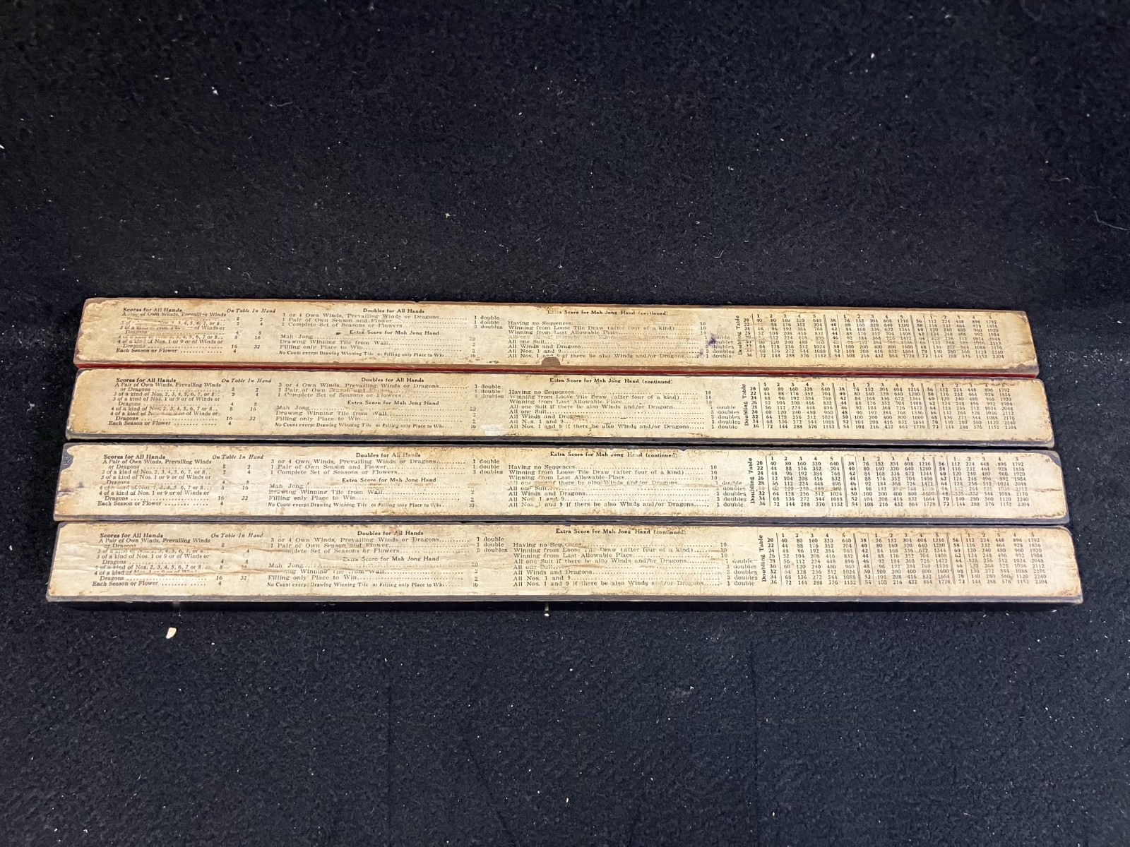 ANTIQUE MAH JONG 16″ WOOD TILE RACKS, LOT OF 4, INSTRUCTIONS ON BACK, 3 BL &1 RD