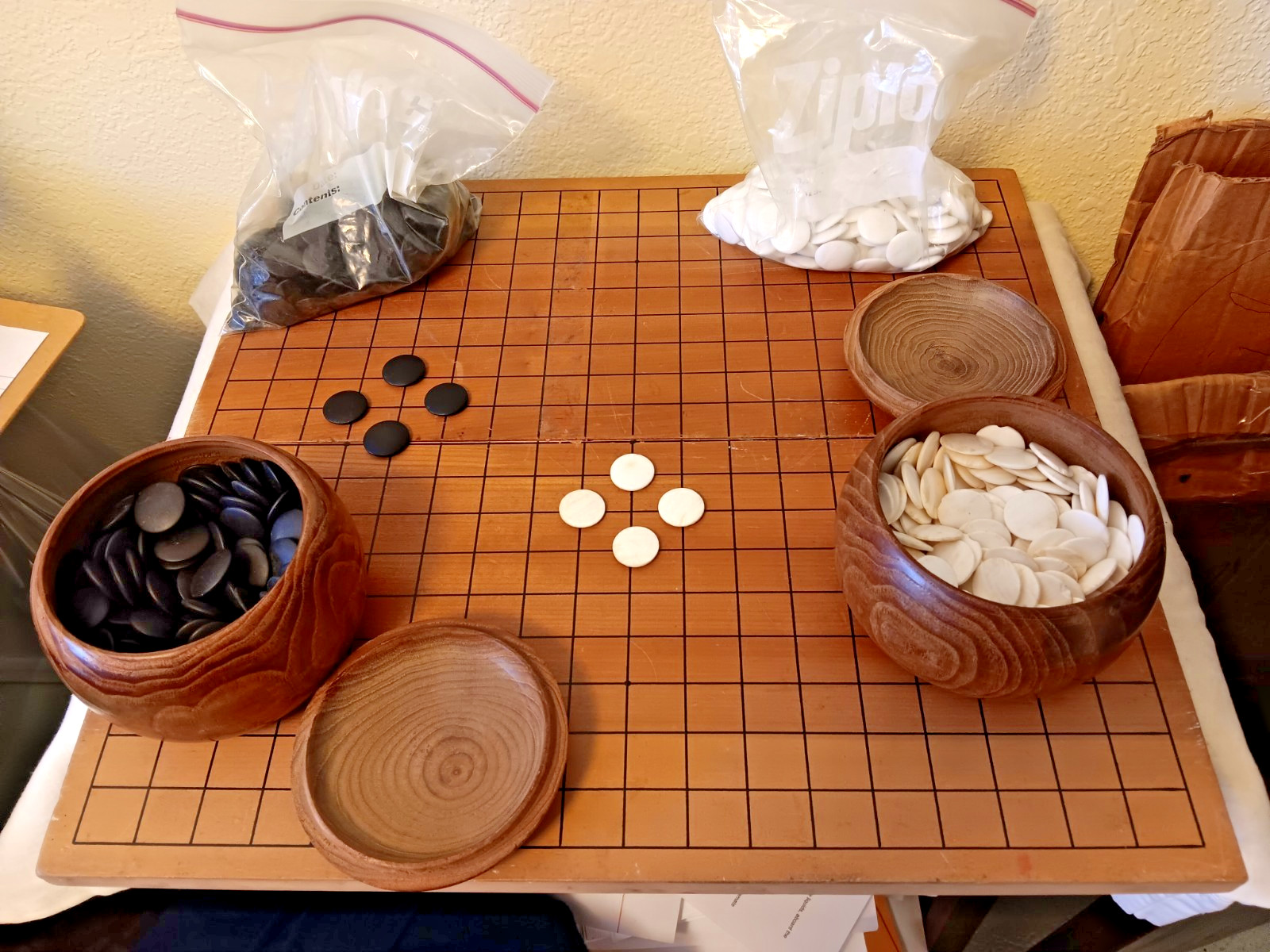 Vintage Go Game Set, Real Traditional Seashell and Slate Pieces, folding Used.