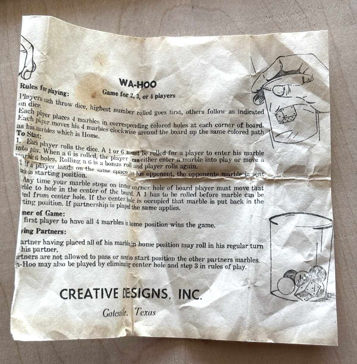 Early Vintage Wa Hoo Game Board Gatesville TX Original Marbles & Instructions