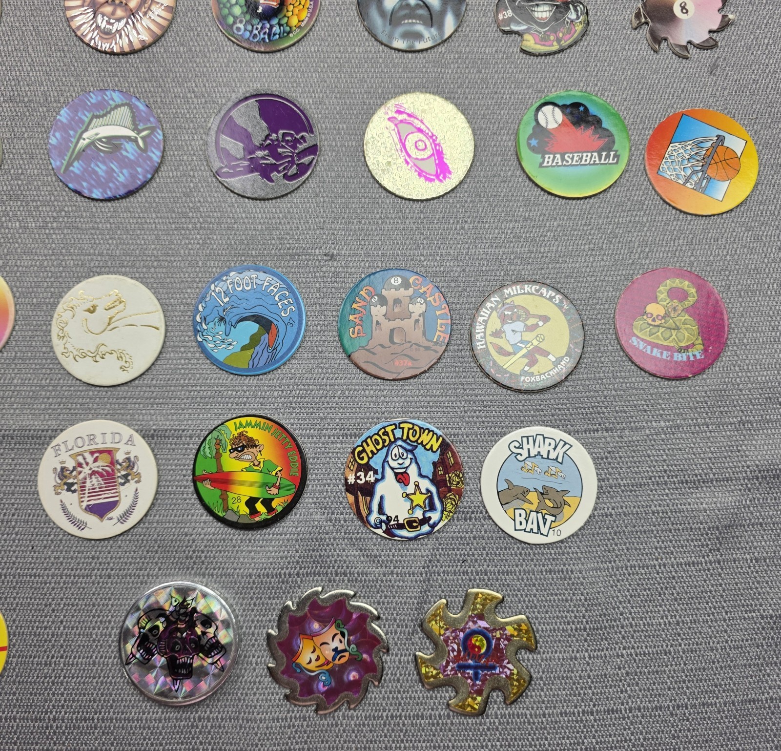 Vintage 90s POG Milk Caps Lot Of 68 Pogs + 3 Slammers + Container
