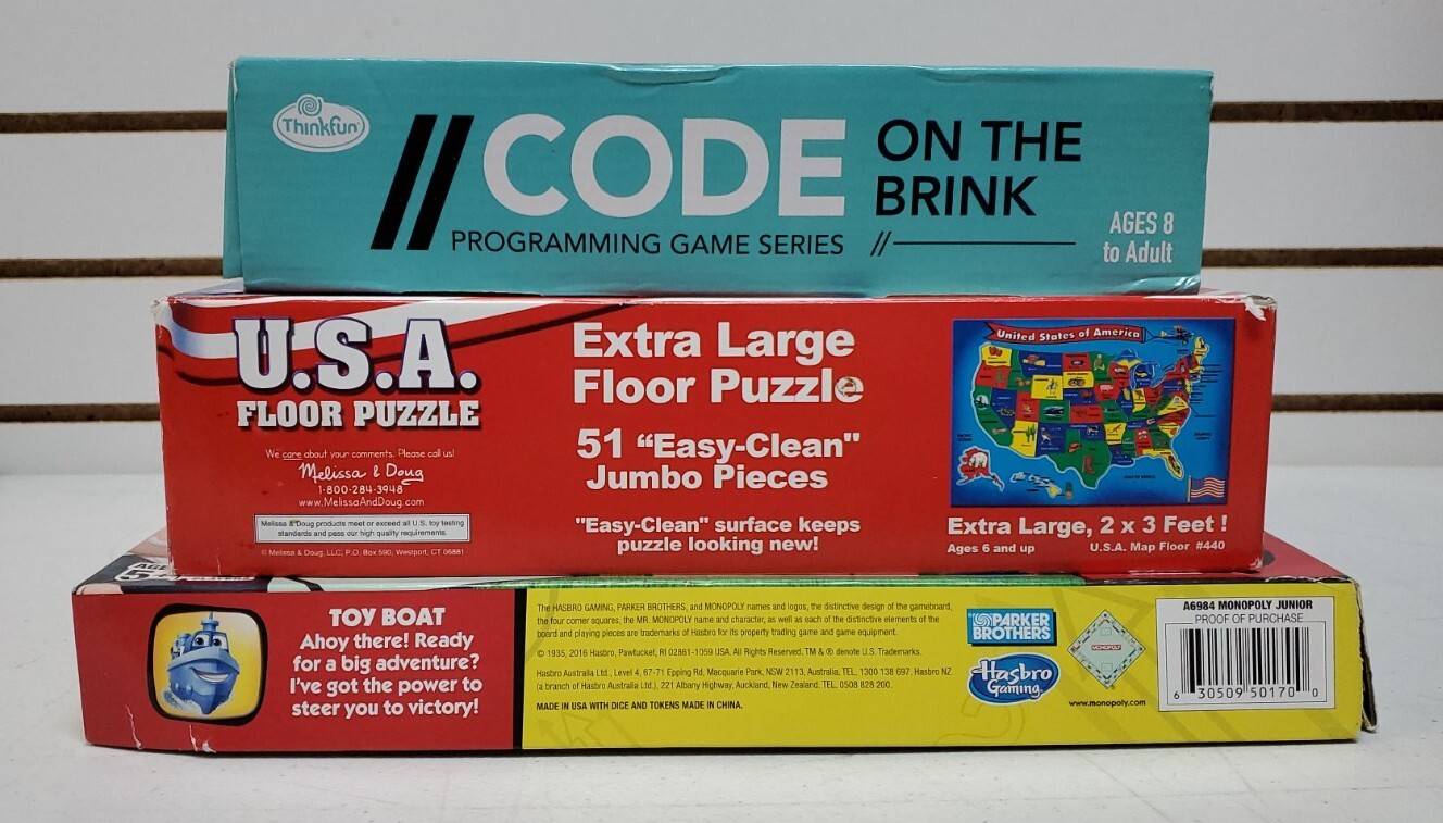 Kids Board Game Lot: Monopoly Jr, CODE on the Brink & USA XL Floor Puzzle *READ*