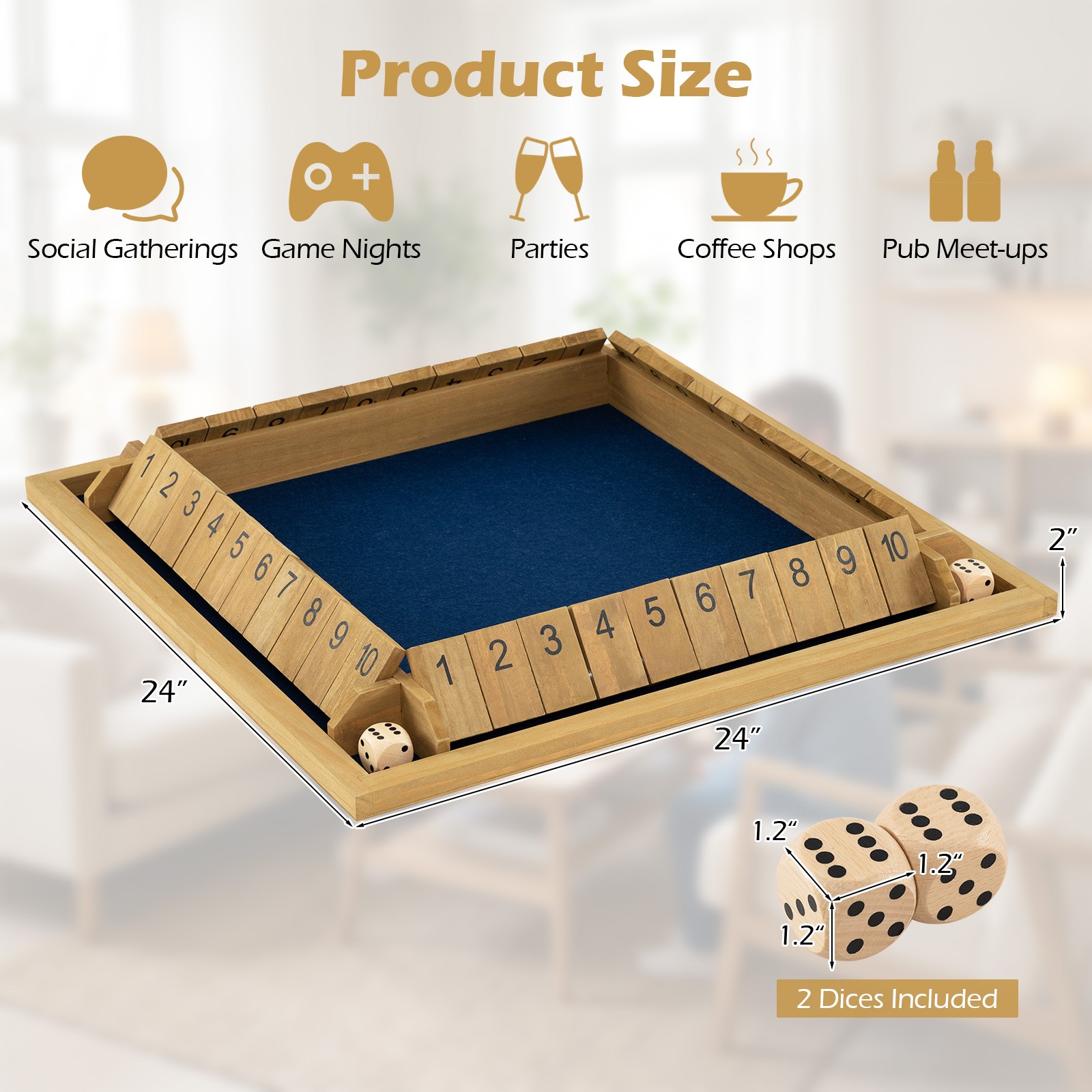 Shut The Box Game for 2-4 Players, 24 Inch Extra-Large Wooden Board w/10 Numbers