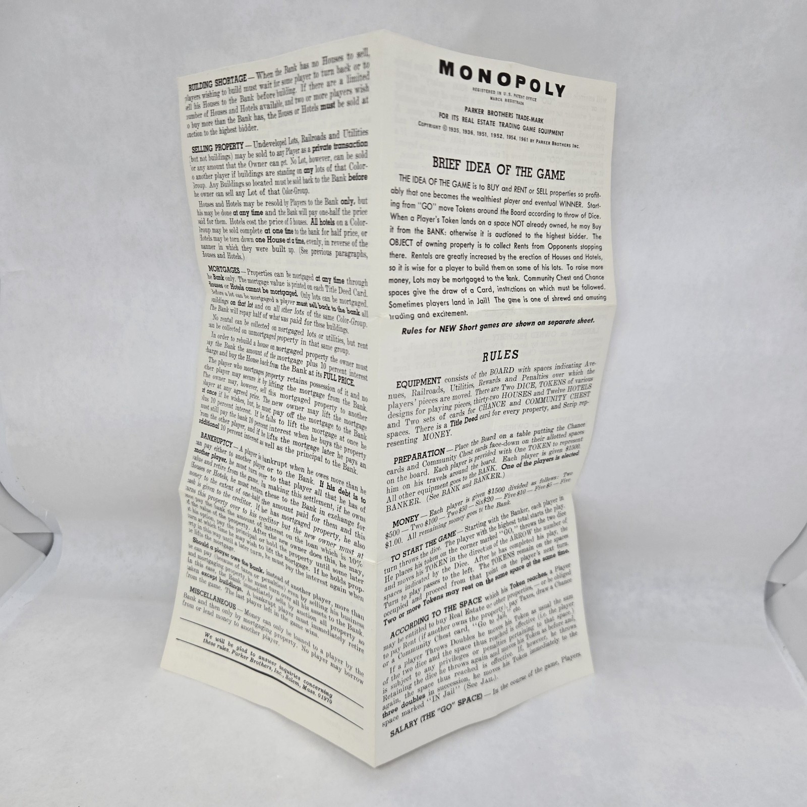 Set of 2 Vintage Monopoly Replacement Instruction Manuals ©1961 Long & Short
