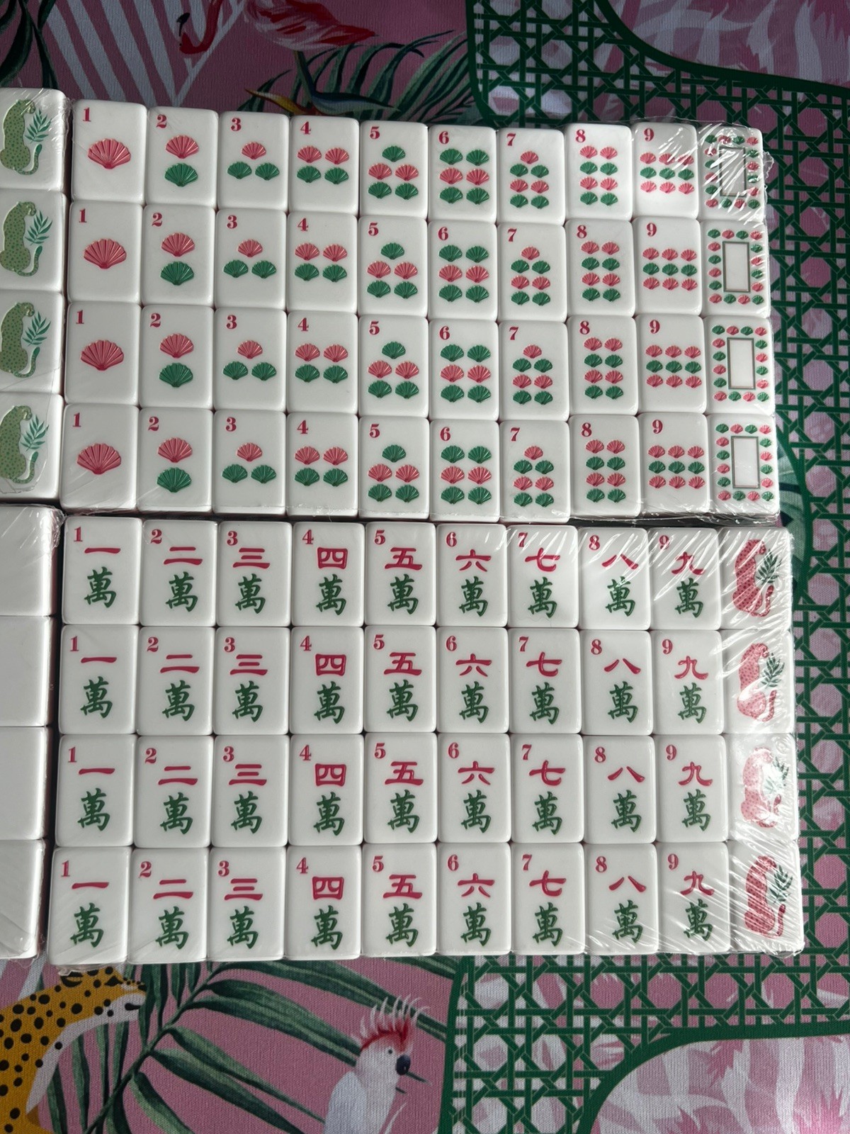 Green and Pink | American Mahjong Tile Set Beachy vibe with Cheetah Palm Mat