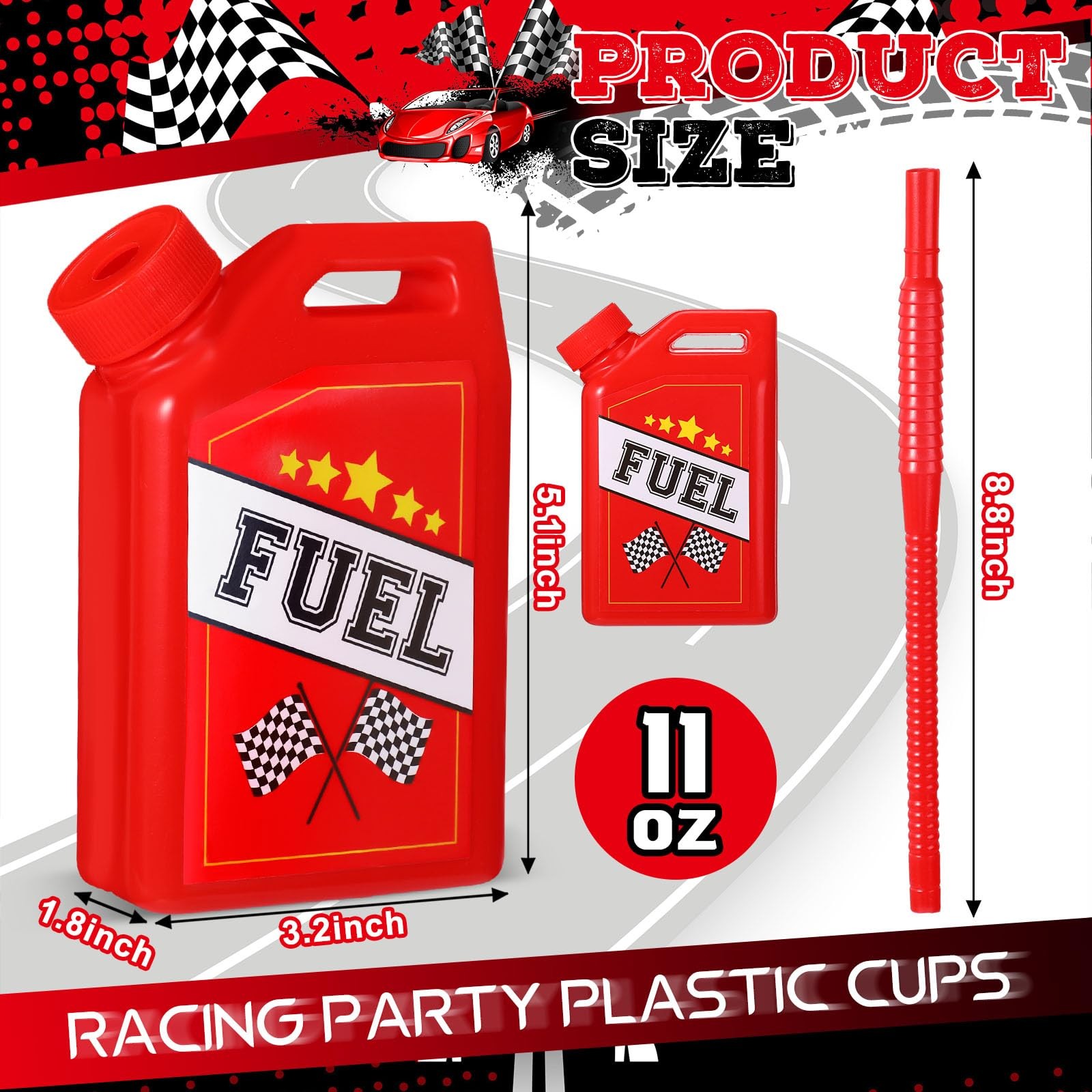 Drinking Cups 12 Pack 11 oz Race Car Fuel Can with Straw Red Mifoci Racing Theme
